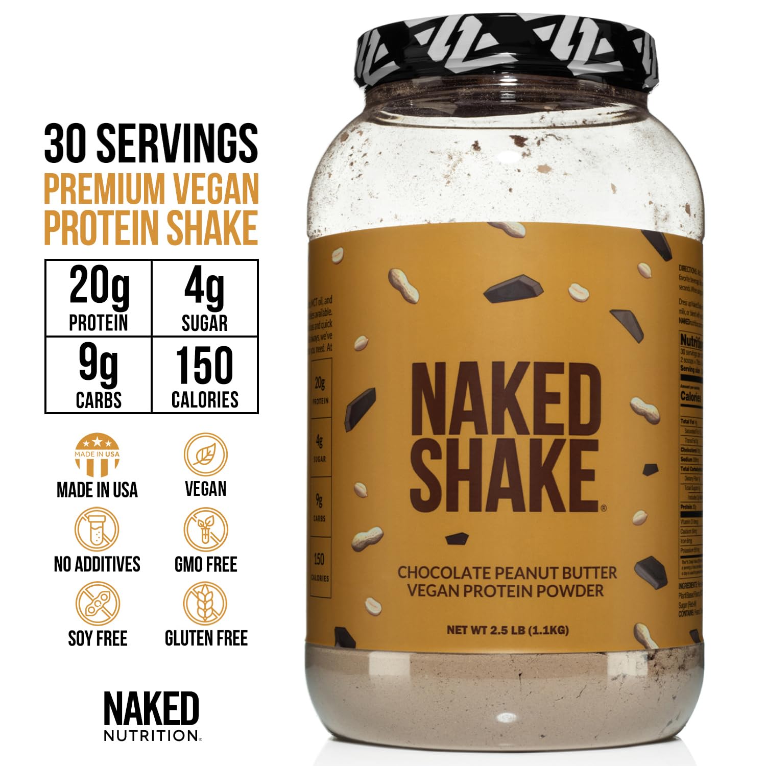 Naked Shake Chocolate Peanut Butter Vegan Protein Powder - Plant-Based Protein from US & Canadian Farms with MCT Oil, Gluten-Free, Soy-Free, Non-GMO, No Artificial Sweeteners - 30 Servings for Post-Workout Recovery & Healthy Smoothies
