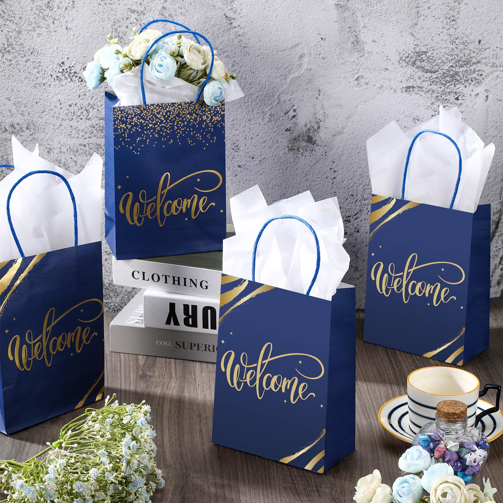 50 Pack Welcome Gift Bags with Handles & Tissue Paper - Navy Blue Kraft Paper Favor Bags for Church, Wedding, Birthday Party, Hotel Guests & Special Events - Bulk Party Supplies for Warm Welcome Gifting