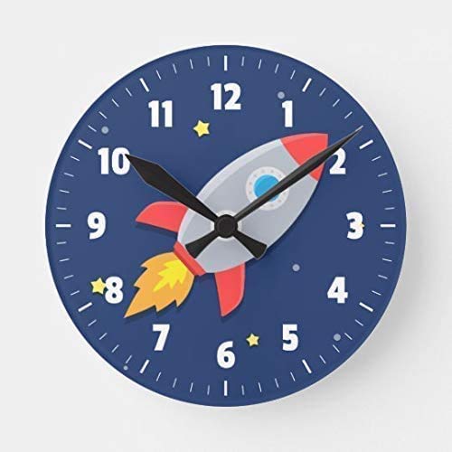 12 Inch Colorful Outer Space Rocket Wall Clock - Silent Wooden Round Clock for Kids Room, Nursery, Bedroom Decor - Perfect for Boys & Girls Room, Birthday Gifts, and Space-Themed Decorations