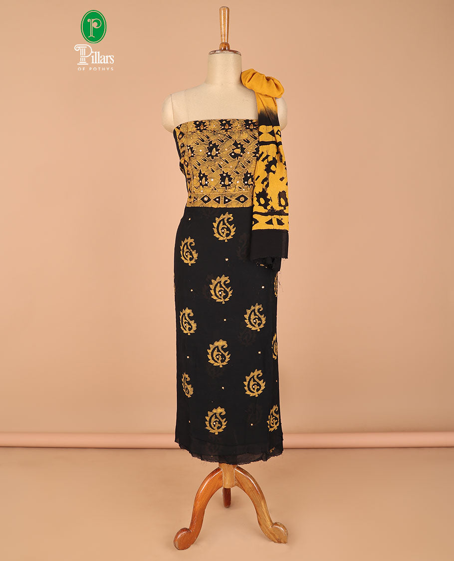 Stylish Black and Yellow Chudidhar Set - Viscose Georgette Batik Print with Mirror & Kantha Work Top, Matching Pants & Contrast Dupatta - Perfect for Festivals, Weddings & Ethnic Parties