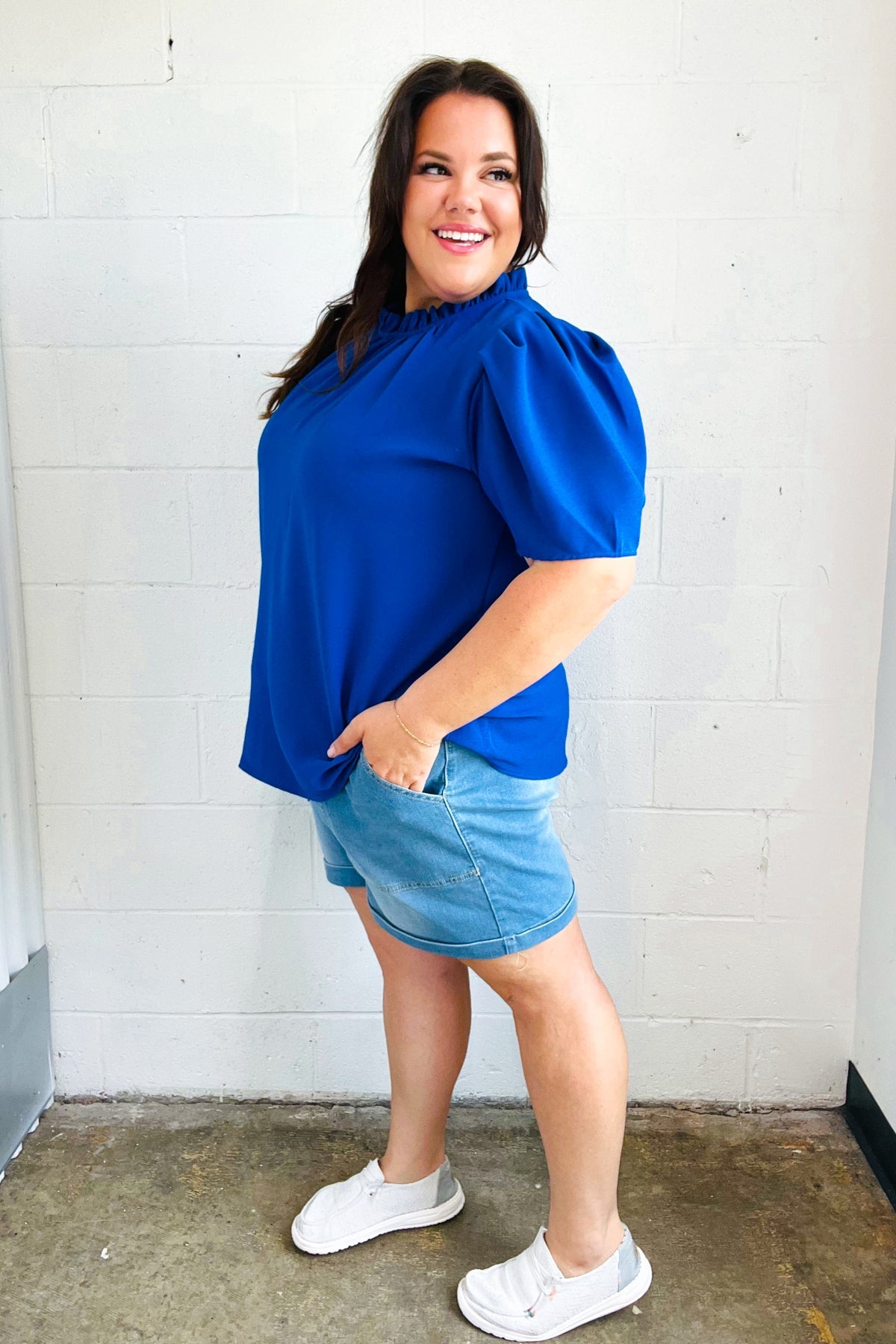 Stylish Blue Frill Mock Neck Woven Top for Women - Perfect for Holiday Parties & Casual Outings