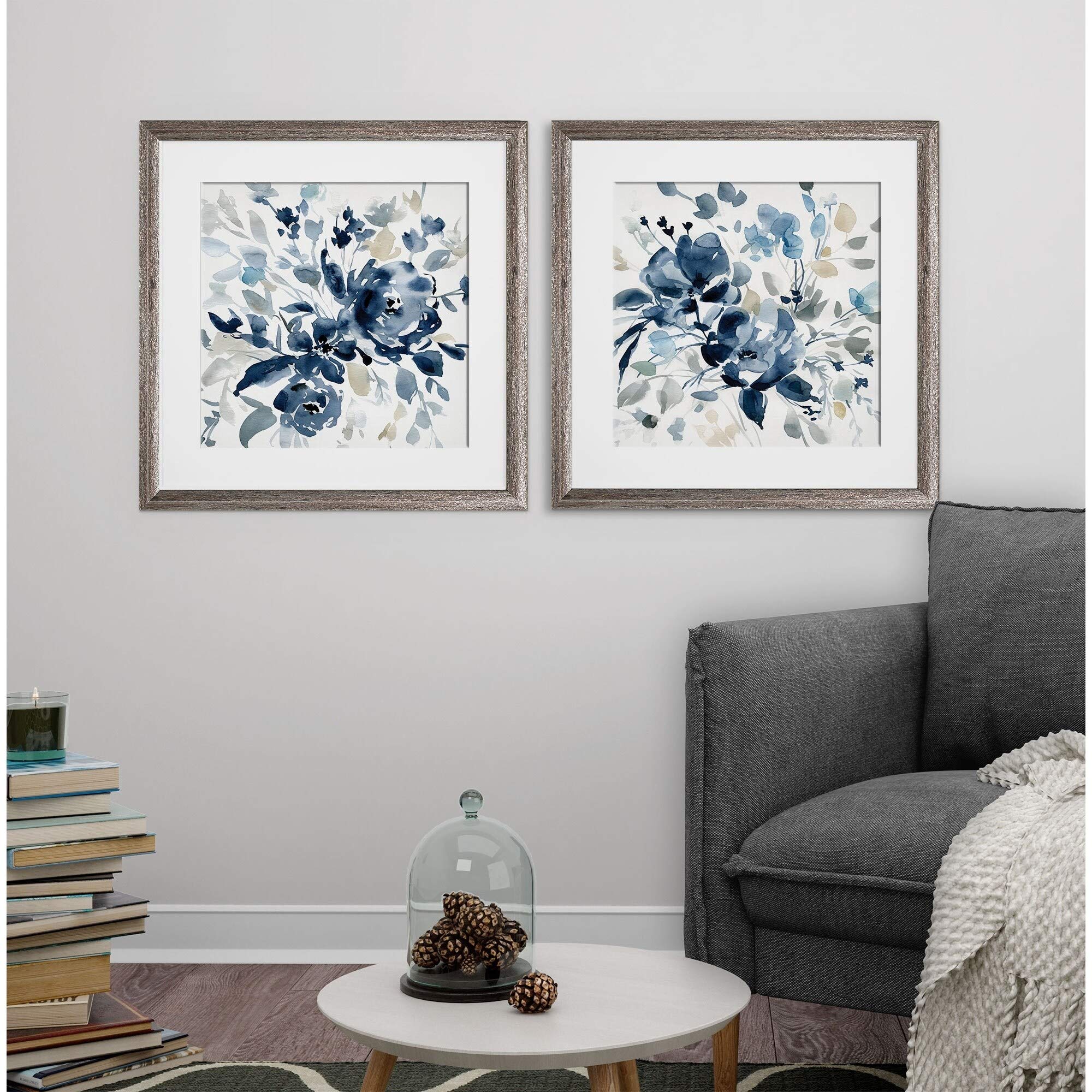 Indigo Garden I - 2 Piece Modern Contemporary Traditional Square Throw Pillow Set for Living Room, Bedroom & Sofa Decor