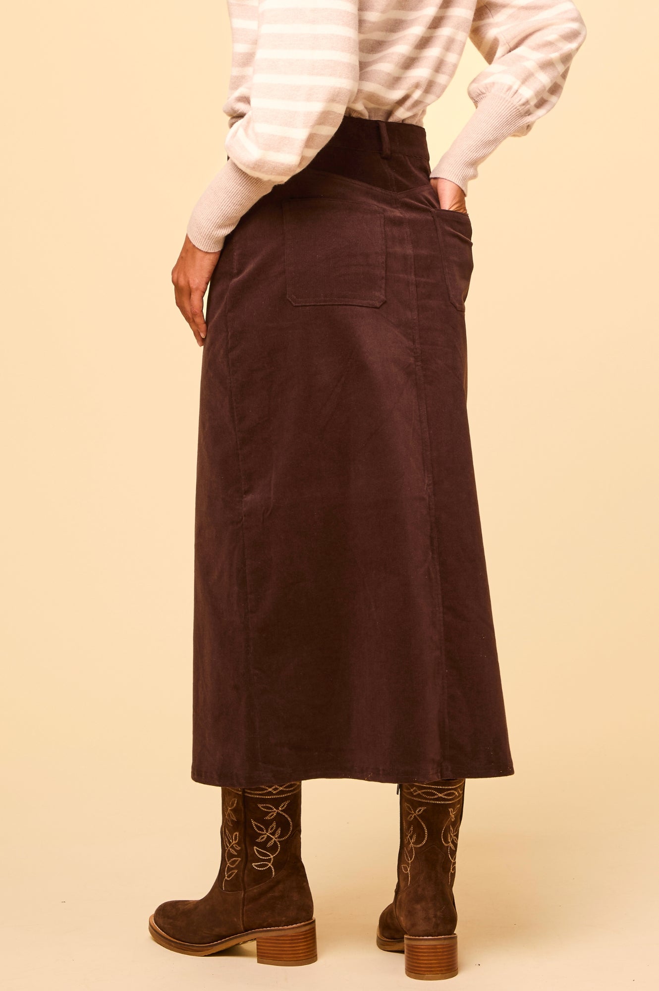 Mallory Stretch Corduroy Skirt for Women - Comfortable High Waist A-Line Skirt in Chocolate Brown | Perfect for Fall, Winter, Office Wear & Casual Outfits