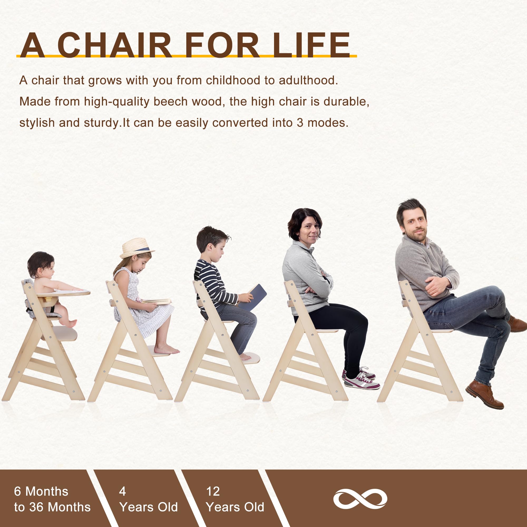 Convertible Wooden High Chair for Babies & Toddlers - Adjustable 3-in-1 Feeding Chair with Removable Tray, Easy to Clean | Natural Finish | Suitable for 6 Months+ | Perfect for Dining, Weaning & Playtime
