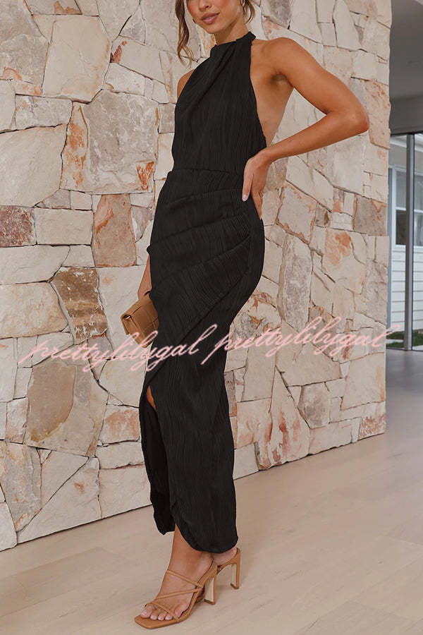 Zephyr Pleated Textured Fabric Halter Neck Backless Slit Maxi Dress for Women | Elegant Summer Beach Wedding Party Cocktail Dress | Perfect for Vacations, Date Nights & Special Occasions