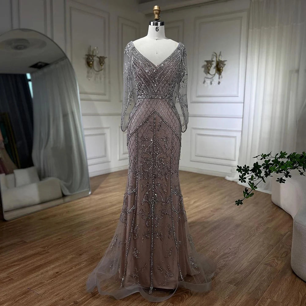 Elegant Dubai Grey Nude Evening Dress 2025 - Crystal Embellished Sleeveless Formal Gown with Shawl | Perfect for Prom, Cocktail Parties & Special Occasions