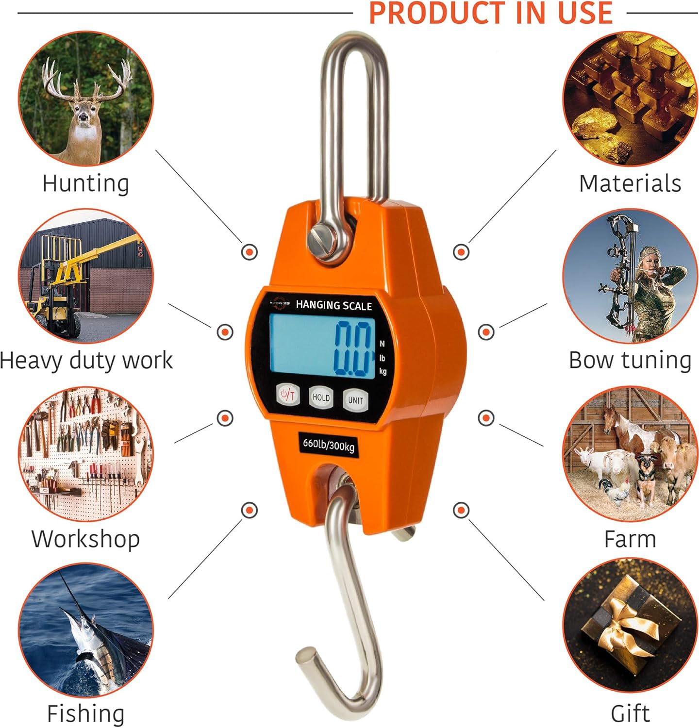 Digital Hanging Scale 660 LB 300 KG - Heavy Duty Waterproof Crane Scale for Luggage, Suitcase, Hunting, Farm, Bike, Bow Fishing - Durable Portable Fish Weight Scale for Outdoor and Industrial Use