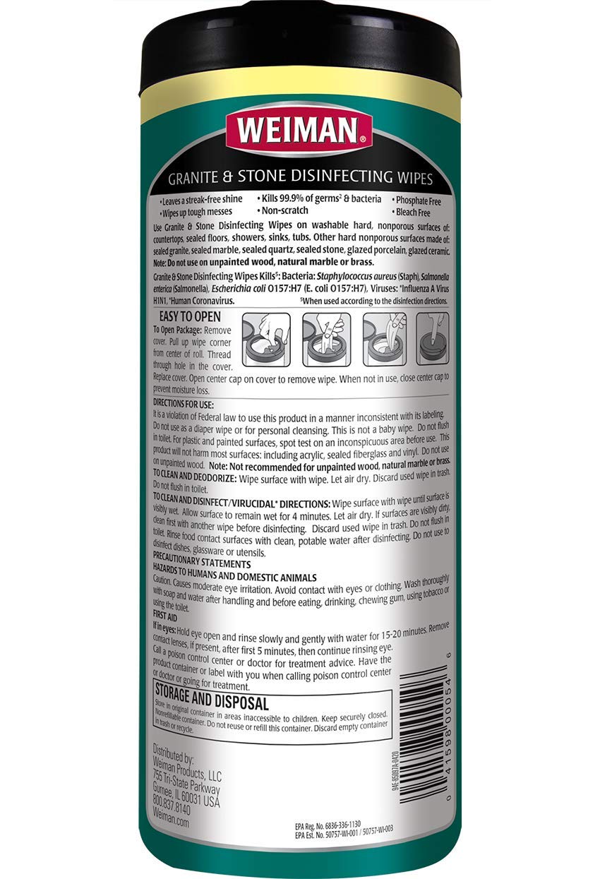 Weiman Granite Disinfectant Wipes - 30 Wipes per Pack (4-Pack) - Clean, Disinfect & Shine Natural Stone Surfaces - Safe for Granite, Marble, Quartz, Slate, Limestone & Soapstone - Perfect for Kitchen Countertops, Bathroom Vanities & Tile Floors