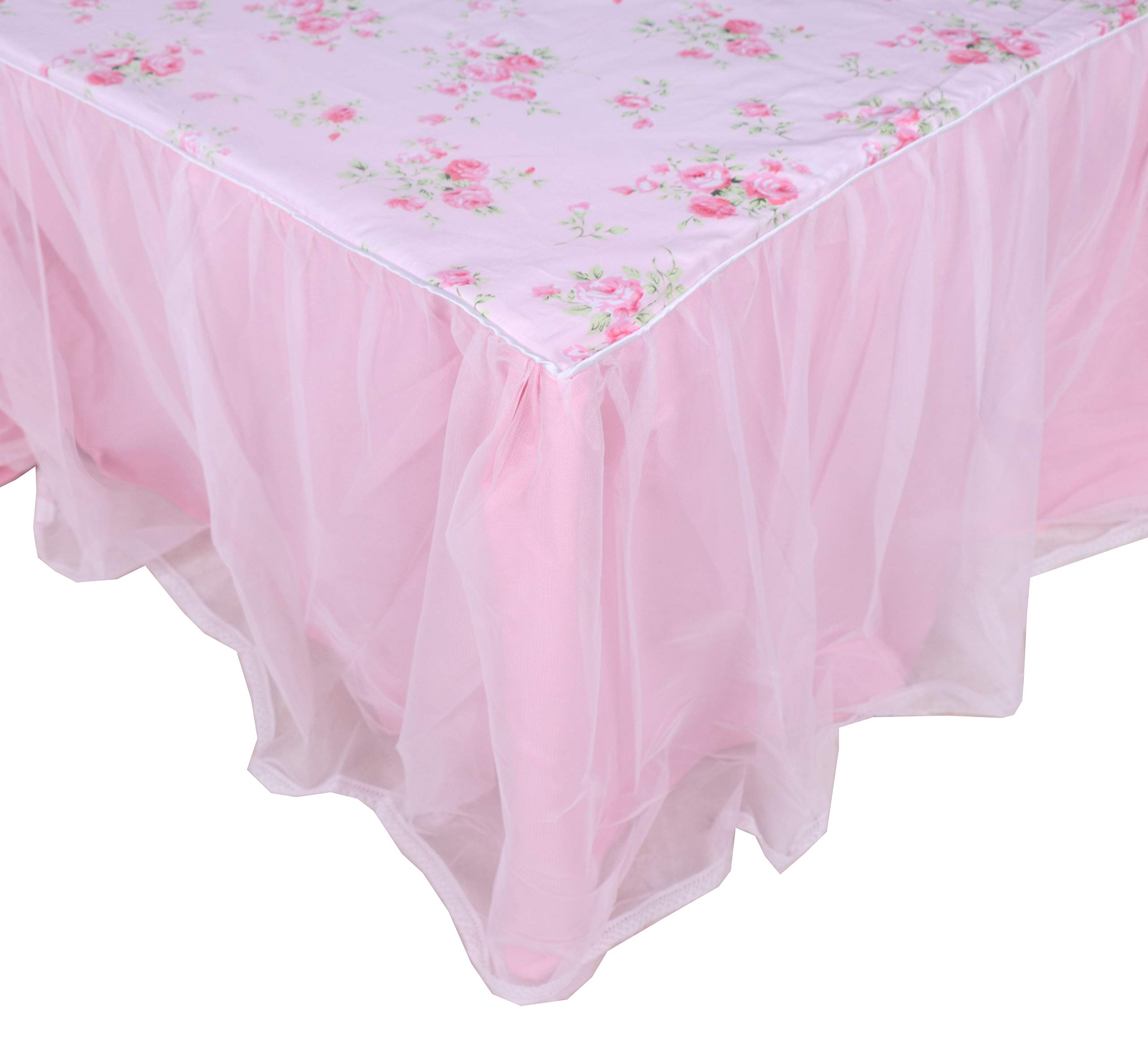 LELVA Twin Size Dust Ruffle Bed Skirt - 18 Inch Deep Drop Wrap Around Lace Ruffle, Cotton Floral Design in Pink - Perfect for Girls' Bedrooms, Platform Beds & Nursery Decor
