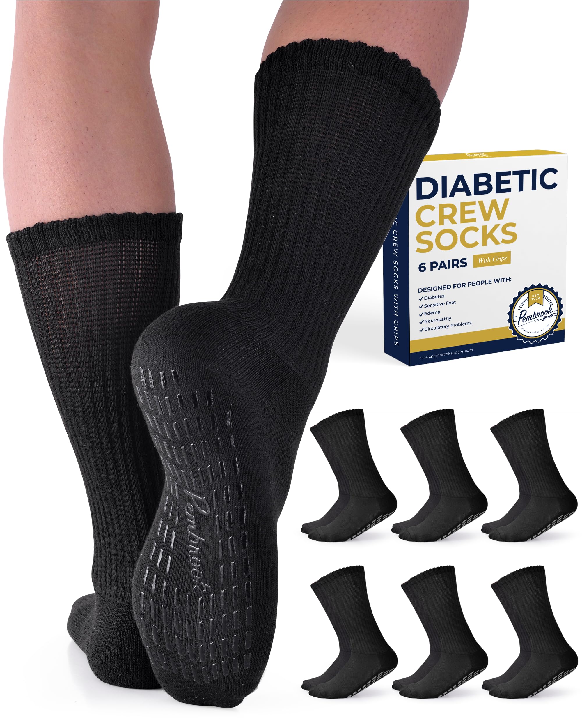 Pembrook 6 Pairs Diabetic Socks with Non-Slip Grippers for Men & Women - Circulation & Neuropathy Relief, Edema Support - Comfortable Cotton Socks for Daily Wear, Work & Travel (12 Colors)