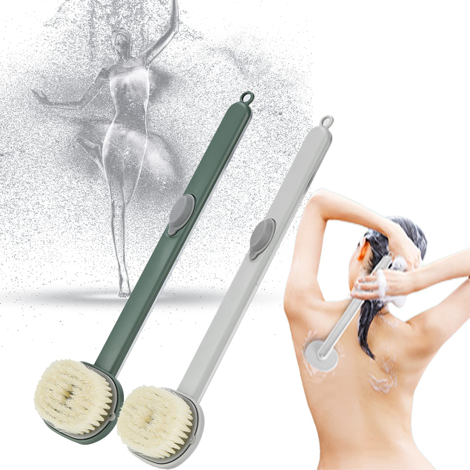 DFBIU Long Handle Back Scrubber for Shower - Exfoliating Bath Brush with Massage Bristles, Body Wash Applicator & Storable Design (Green & Grey) - Perfect for Deep Cleaning, Exfoliation & Relaxing Massage in Bath or Shower