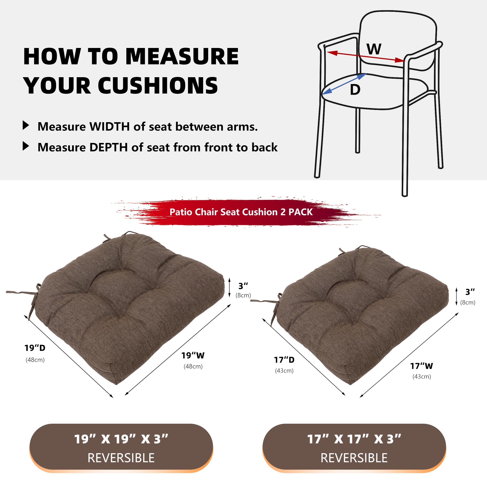 RACE LEAF 19x19 Inch Brown Patio Chair Cushions Set of 2 - Waterproof Olefin Outdoor/Indoor Seat Pads for Porch, Deck, Garden & Poolside - Replacement Cushions for Patio Furniture & Dining Chairs - Perfect for Backyard Lounging & Outdoor Entertaining