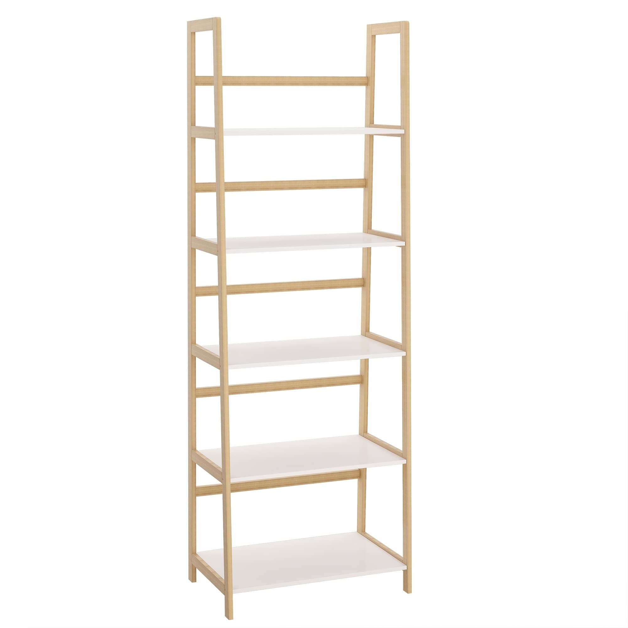 Solid Bamboo Wood 5-Tier Bookshelf - White Mid-Century Modern Style with MDF & Antique Finish - Perfect for Living Room, Office & Home Library Organization