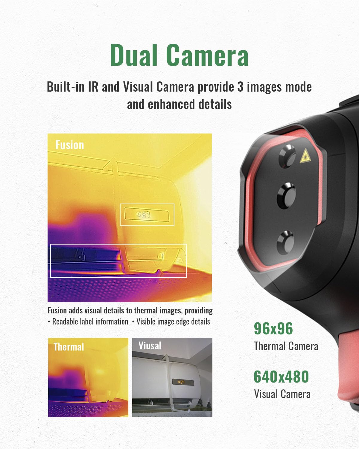 HF96V Thermal Imaging Camera with Visual Camera - 240x240 Super Resolution, 96x96 IR, Laser Pointer, 25Hz, 50°FOV, -4°F to 1022°F, IP54 - Perfect for Electrical Inspections, HVAC Maintenance & Home Energy Audits