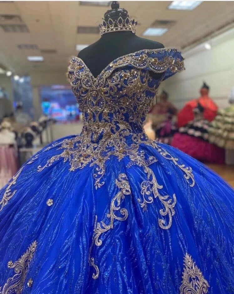 Sparkling Gold Beaded Off-Shoulder Quinceanera Dress with Glitter Tulle Applique - Elegant Sweet 16 & Prom Gown for Women 2025 - Perfect for Quinceañeras, Birthday Parties, and Formal Dances