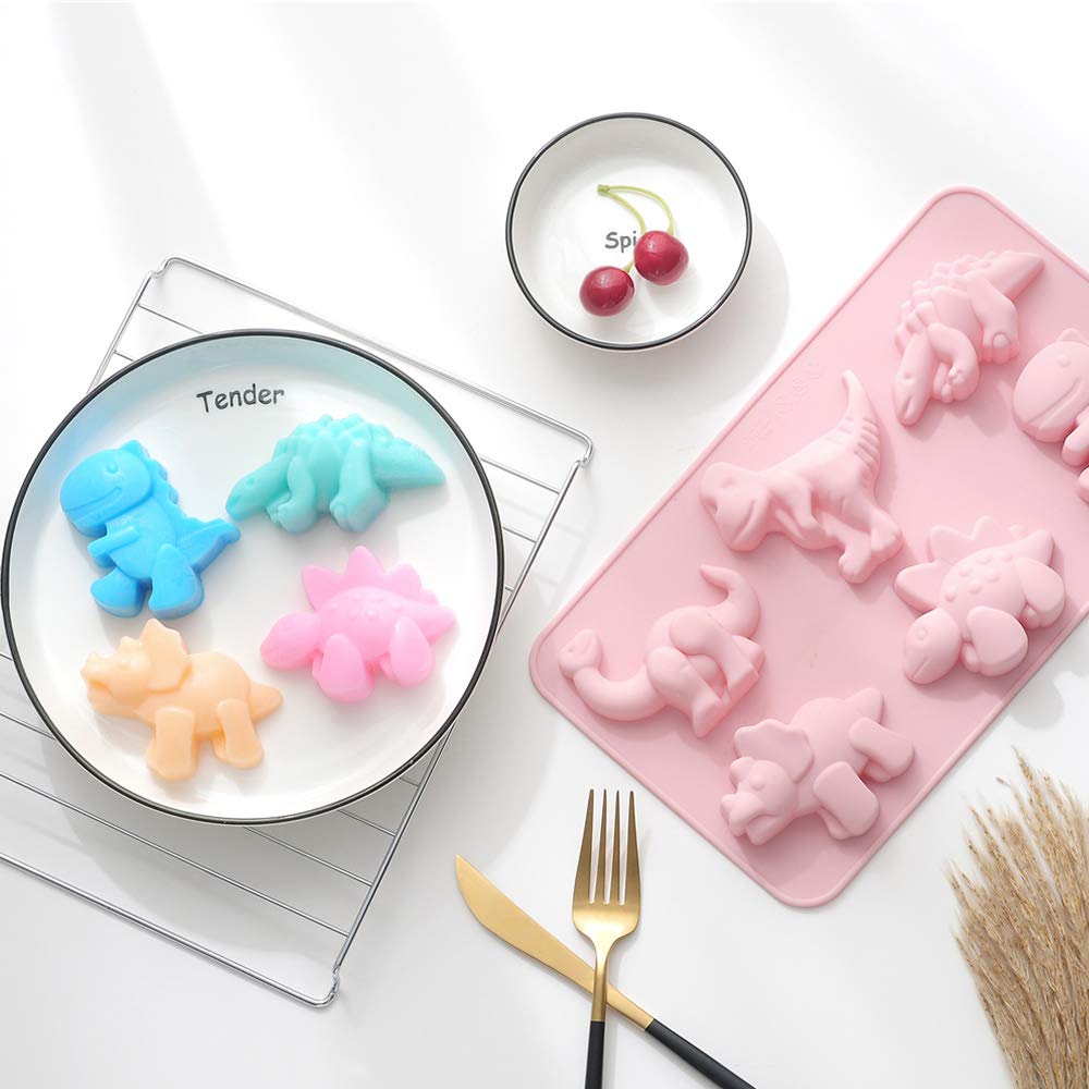 2Pcs Cute Dinosaur Silicone Cake Molds - 6 Grids Different Shapes for Chocolate, Gummy, Fondant & DIY Soap - Baking Decorating Tools for Kids Birthday Parties, Cupcake Decor & Holiday Treats