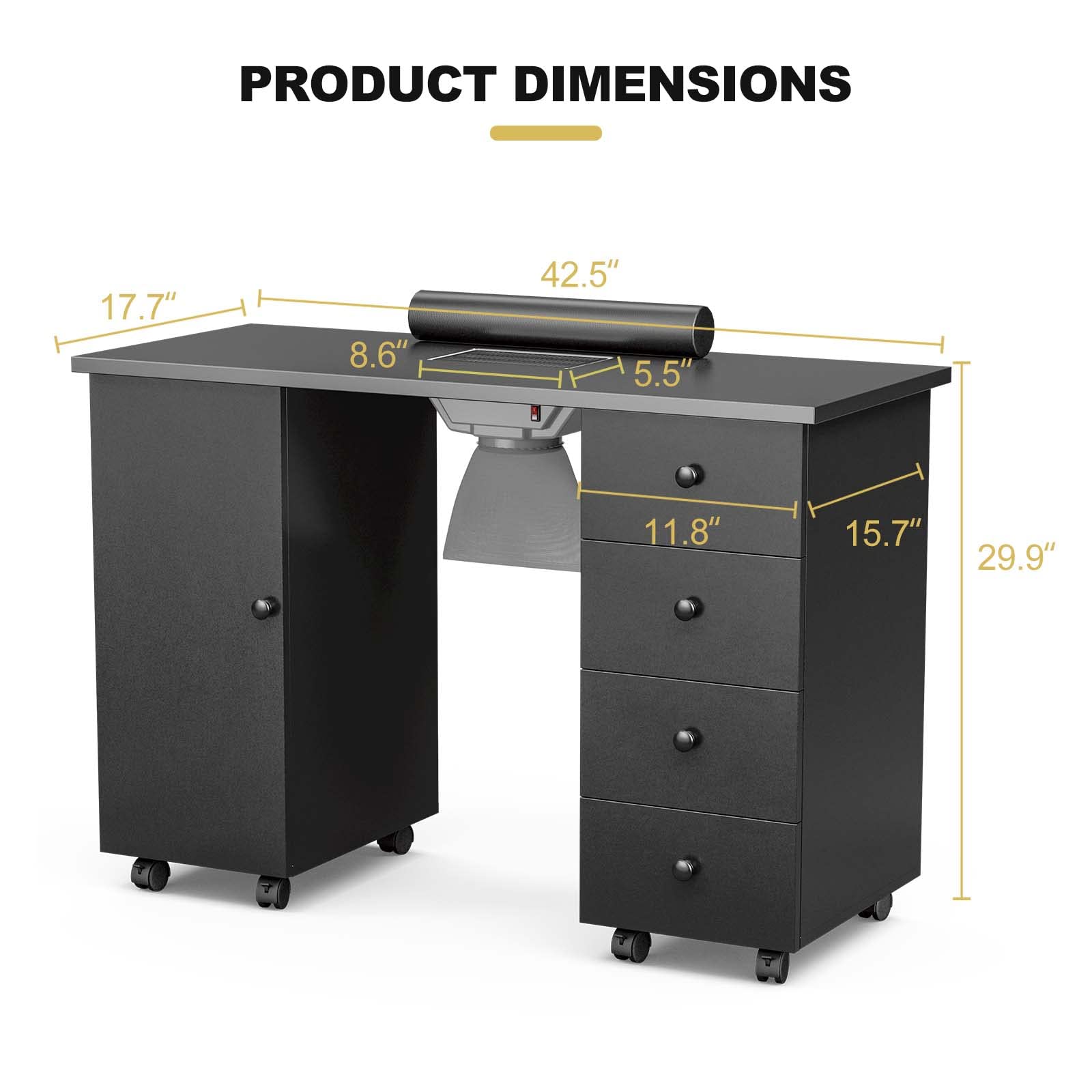 Professional Paddie Manicure Table Nail Station with Dust Collector - Portable Nail Art Desk Workstation with Lockable Wheels, Wrist Cushion & Storage Cabinet (Black) | Perfect for Salon, Spa & Home Nail Care Business