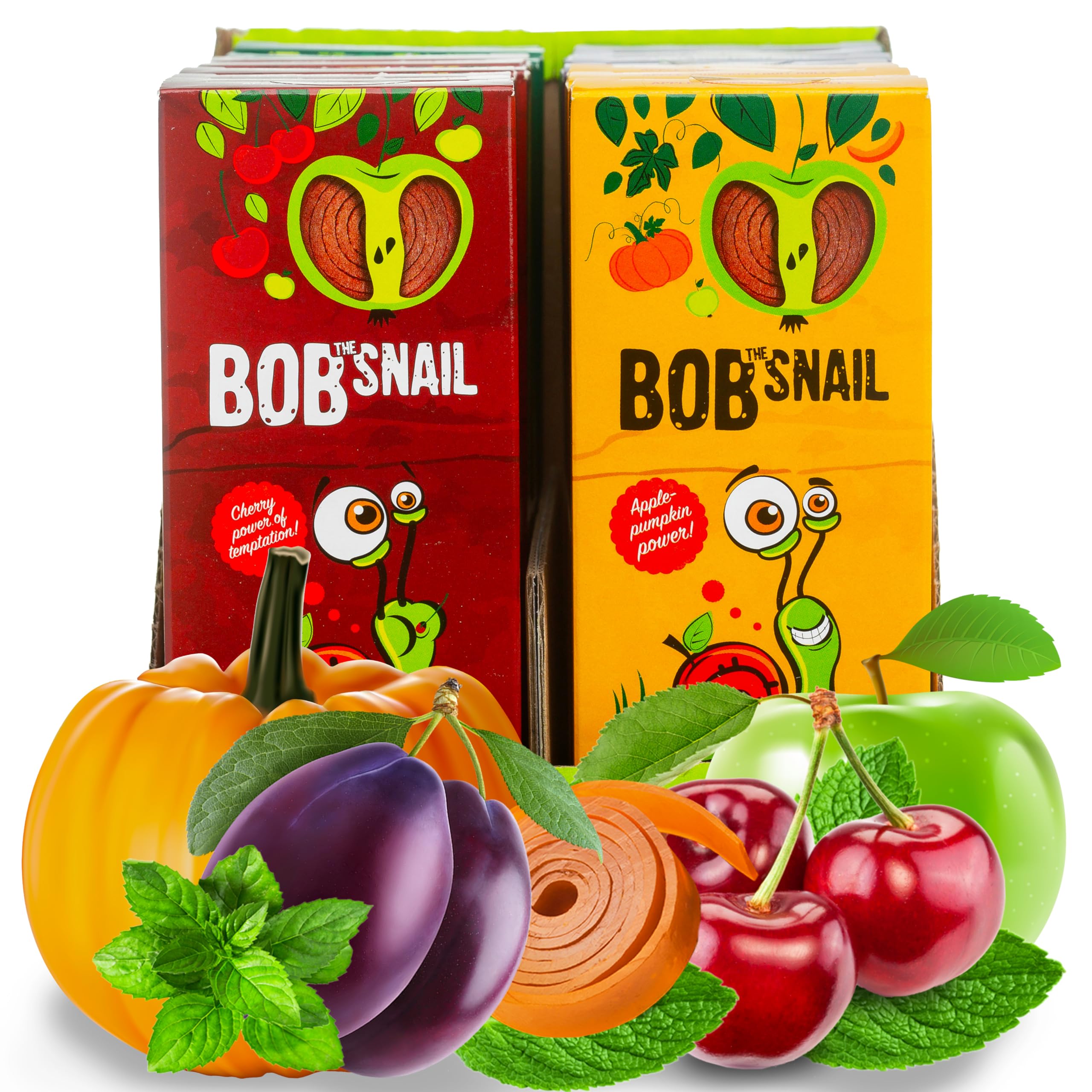 BOB SNAIL Healthy Fruit Roll Ups Variety Pack - 60 Individual Snack Packs with Natural Fruit Leather (Apple, Cherry, Plum, Pumpkin, Mint) - Vegan, Low Carb, Gluten-Free Snacks for Kids & Adults - Perfect for School Lunches, Office Snacks & On-the-Go Energy