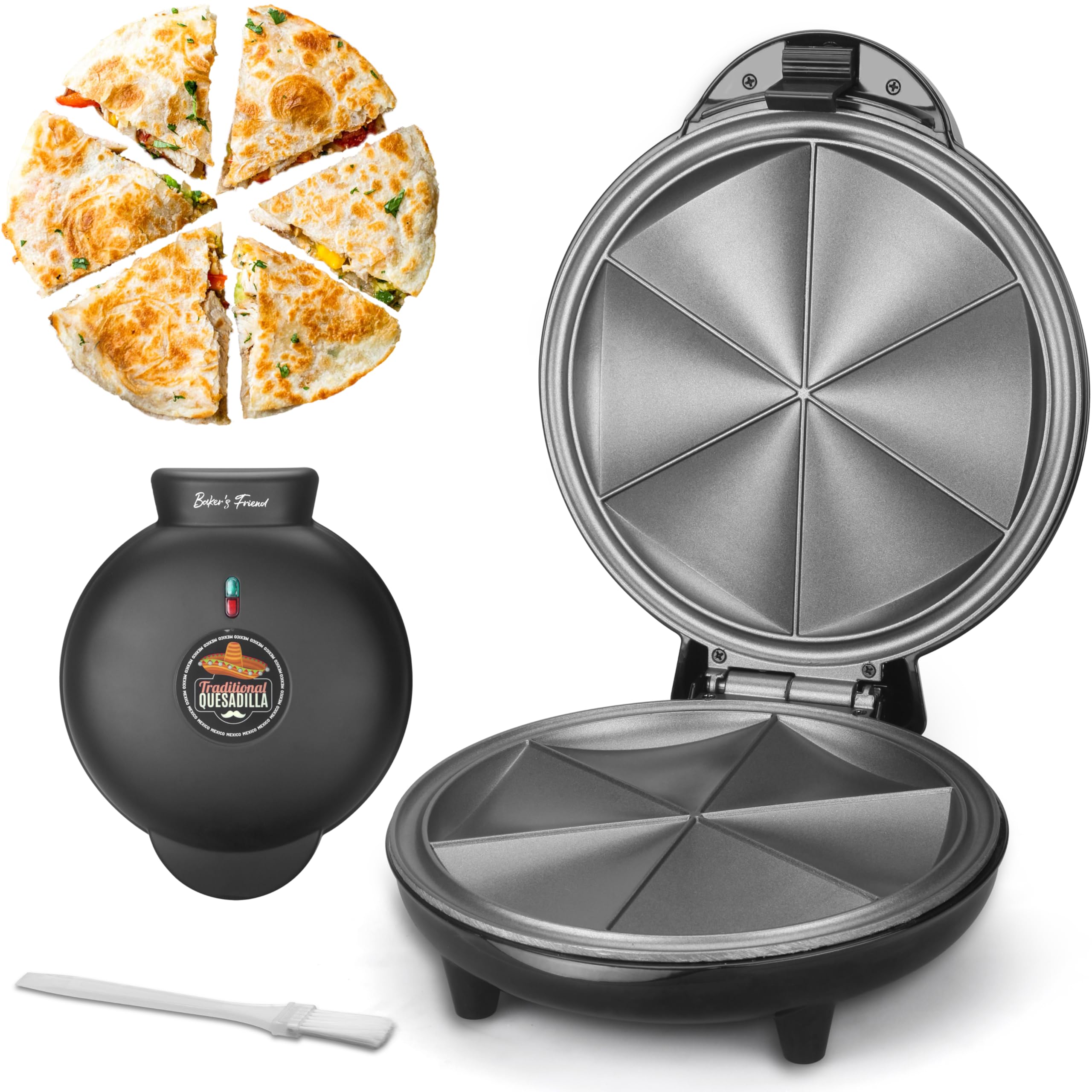 Baker's Friend Electric Quesadilla Maker - 9.5 Inch Non-Stick Surface with Extra Stuffing Design, 6-Wedge Easy Slice, Non-Slip Feet - Perfect for Grilled Cheese, Quesadillas & Quick Snacks at Home or Parties