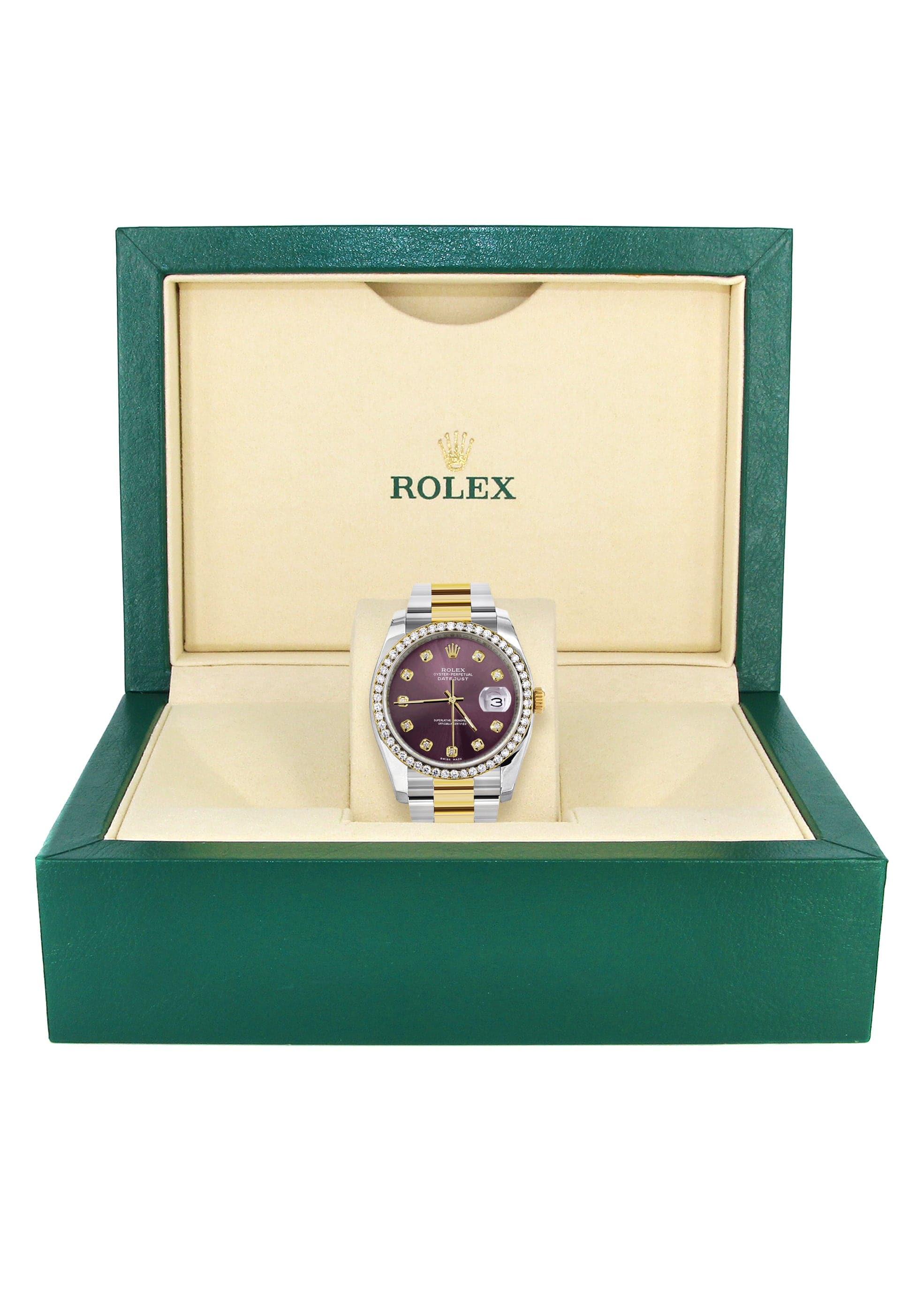 Luxury 36mm Rolex Datejust Men's Watch - 18K Gold & Diamond Bezel, Purple Dial, Oyster Bracelet - Perfect for Business Meetings & Special Occasions