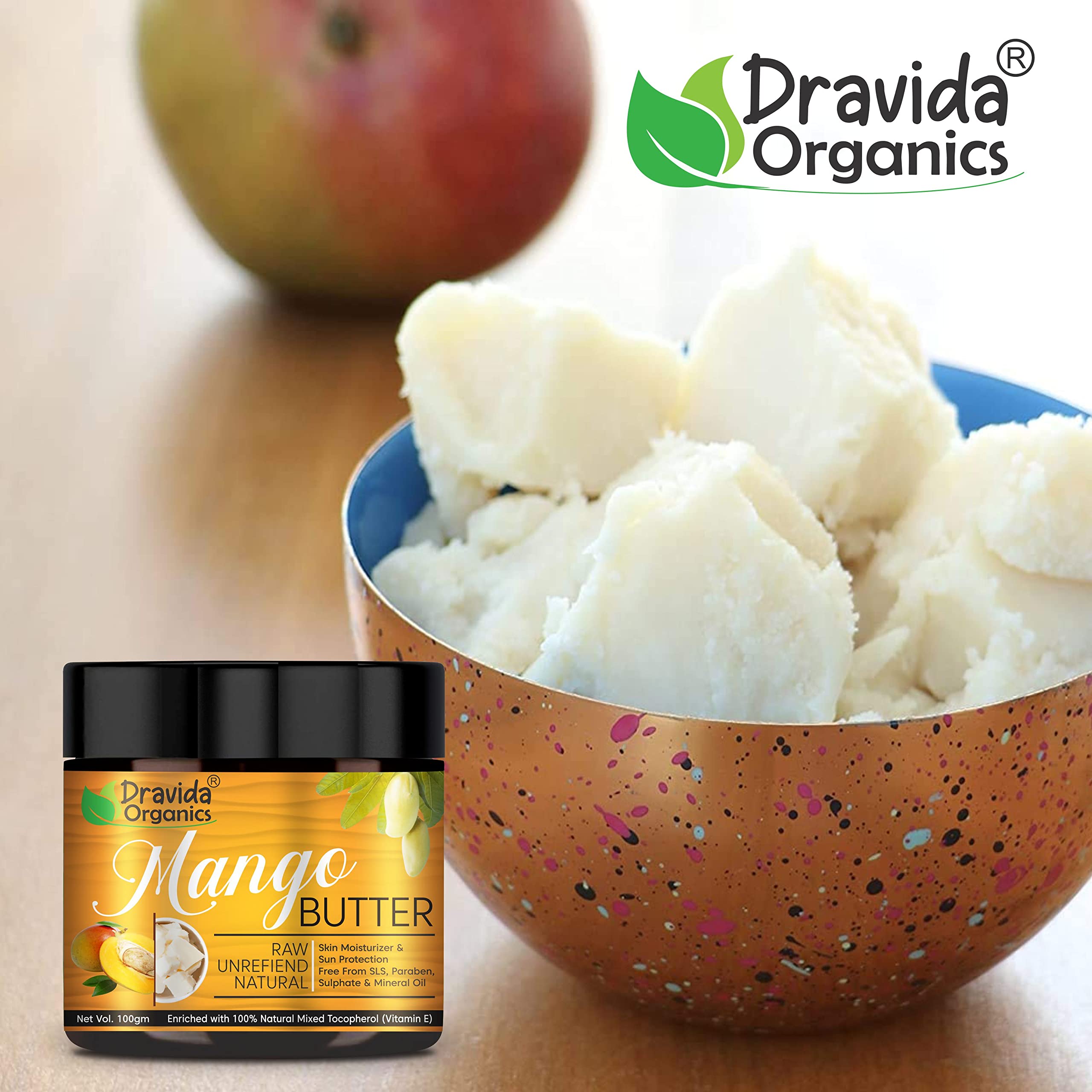 Dravida Organics Mango Body Butter - 100% Natural, Paraben-Free, Silicone-Free, No Mineral Oil or Artificial Colors - 100 gm - Deep Hydration for Dry Skin, Perfect for Daily Moisturizing & Spa Treatments