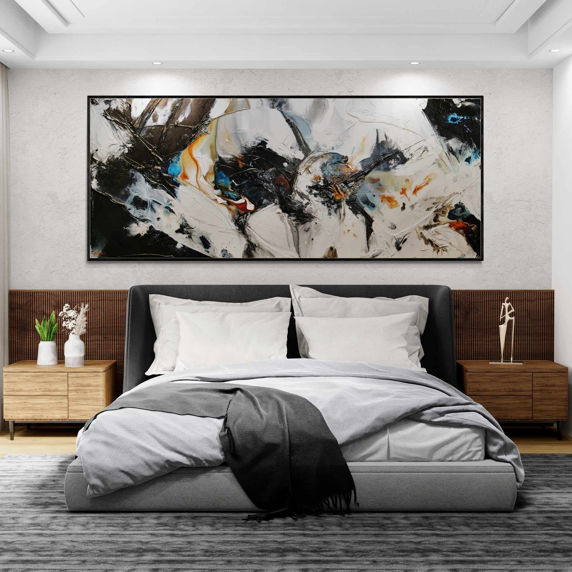 240cm x 100cm Black White Rust Textured Abstract Wall Art Painting - Modern Home Decor for Living Room, Bedroom & Office