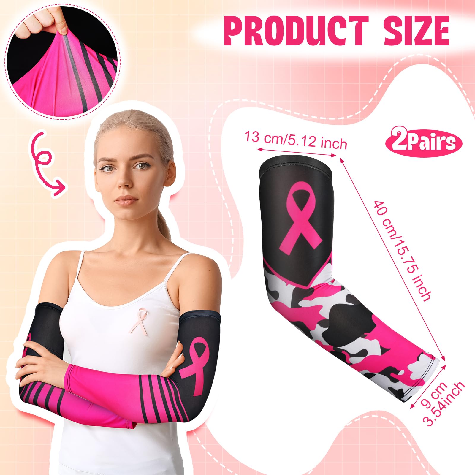 2 Pairs Breast Cancer Awareness Arm Sleeves - Pink Ribbon UV Protection Compression Arm Covers for Women & Men - Perfect for Running, Cycling, and Outdoor Activities