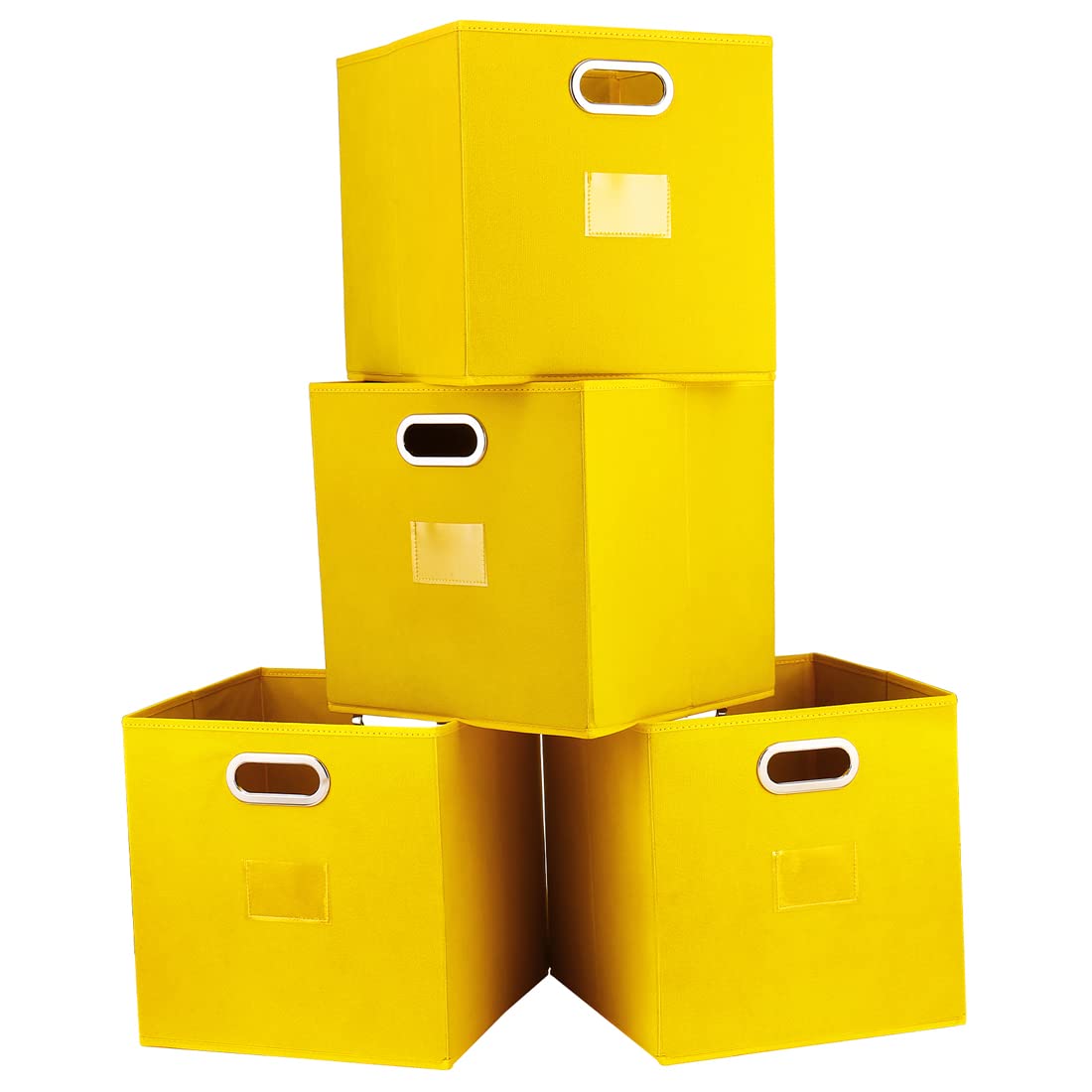 Robuy 13 Inch Cube Storage Bins - 4-Pack Yellow Plastic Organizing Boxes with Dual Metal Handles for Shelves, Closet, Nursery & Home Organization - Perfect for Toy Storage, Kids Room & Office Supplies