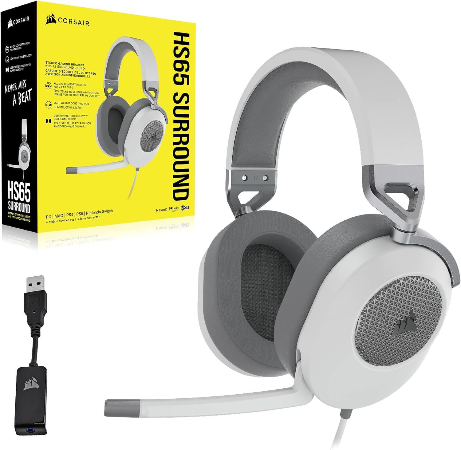 Corsair HS65 Surround Gaming Headset with 3.5mm Connector - White | Discord Certified | Compatible with Mac, PS5, PS4, Xbox Series X/S & Nintendo Switch | Immersive Sound for Competitive Gaming, Streaming & Virtual Meetings