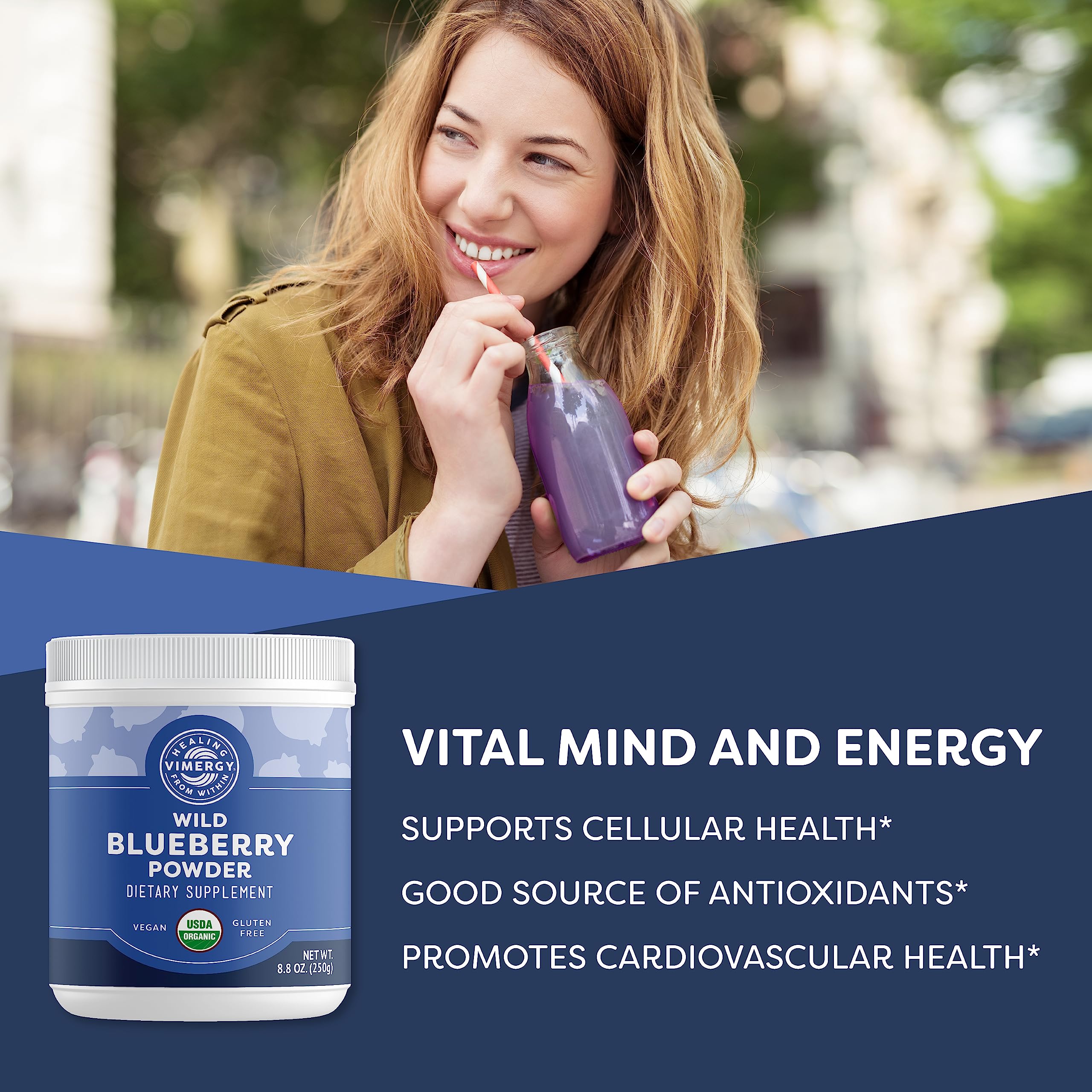 Vimergy Organic Wild Blueberry Powder 250g - Brain Health & Heart Support Supplement - Vegan, Gluten-Free Superfood for Smoothies, Baking & Daily Wellness