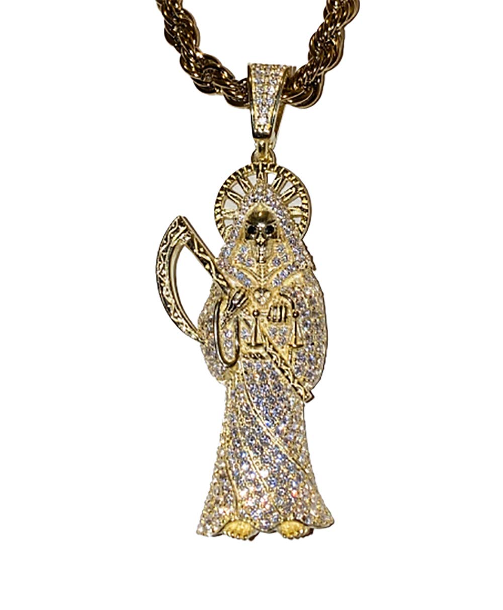 925 Sterling Silver Santa Muerte Pendant Necklace for Men & Women - Italian Gold Finish Iced Out Charm with 2mm Stainless Steel Rope Chain - Perfect for Gifts, Everyday Wear & Gothic Fashion Accessories