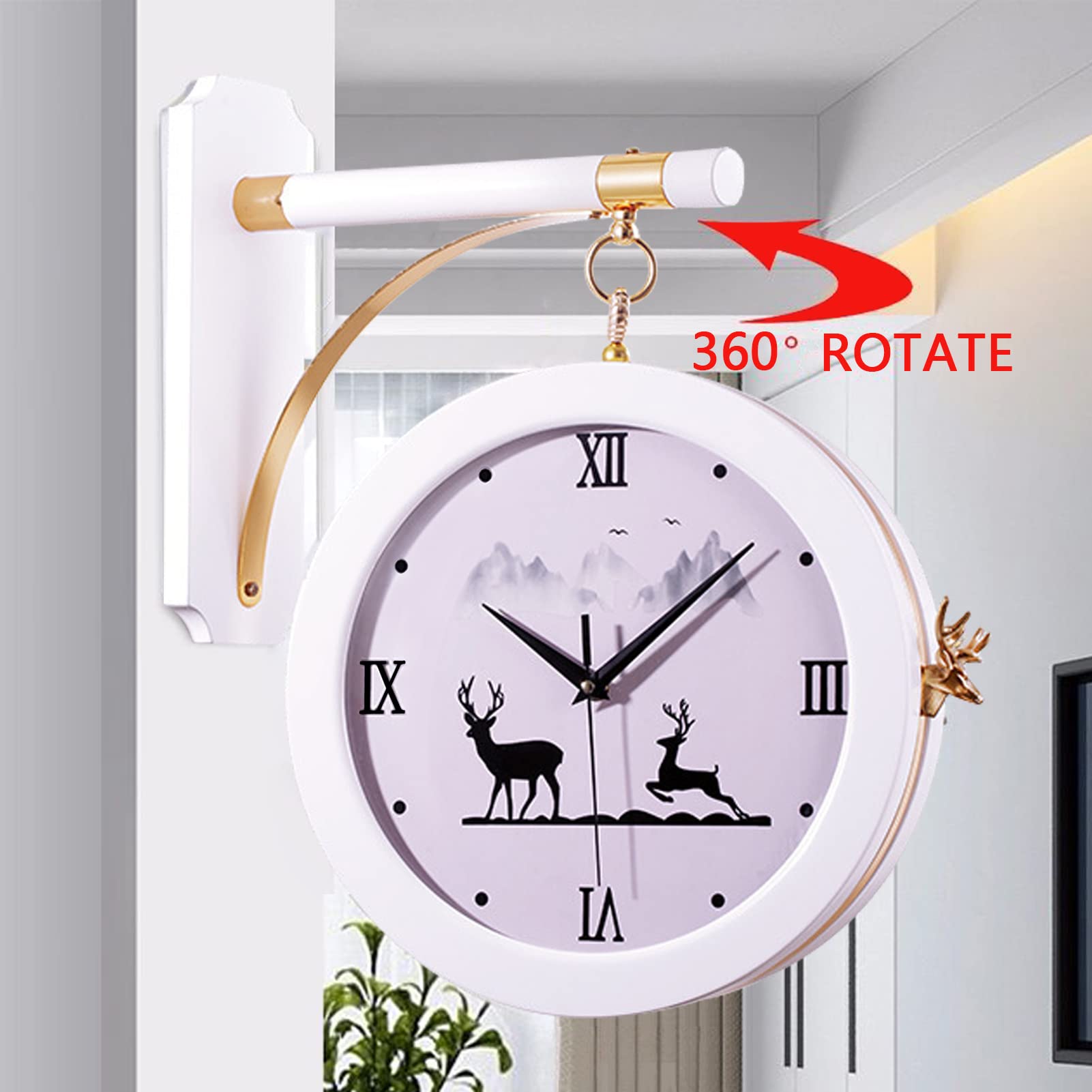 Modern Double Sided Wooden Deer Head Wall Clock - Battery Operated Silent Clock for Living Room, Kitchen, Bedroom & Outdoor Decor - Perfect for Home, Office and Cabin Wall Decoration