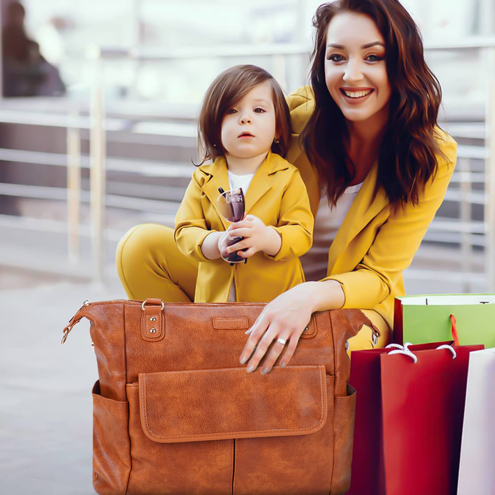 Johomviin Stylish Leather Diaper Bag Backpack for Moms & Dads - Large Waterproof Baby Travel Tote with Multiple Pockets | Perfect for Daycare, Family Outings & Airplane Travel with Toddlers