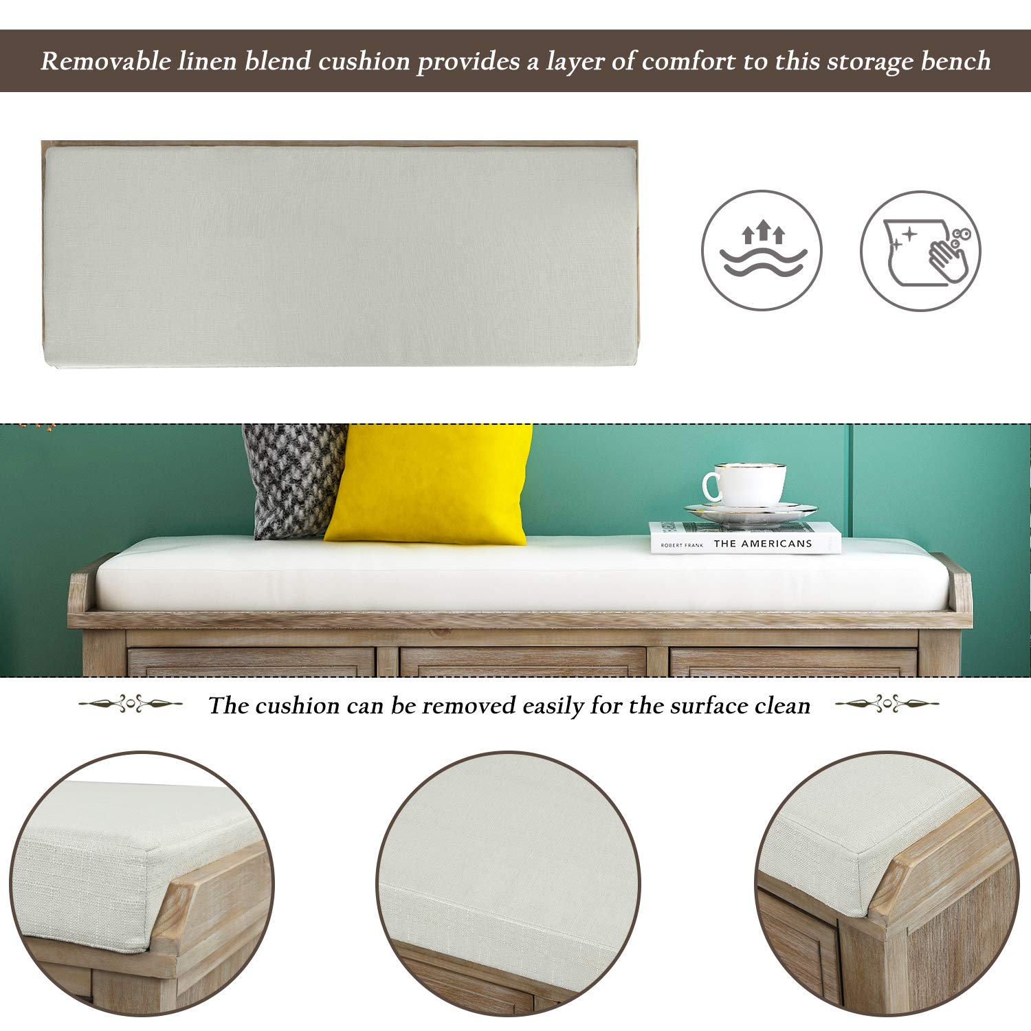 Rustic Wooden Storage Bench with 3 Drawers & Rattan Baskets - Entryway Shoe Bench with Removable Cushion - Multi-Functional Ottoman for Living Room, Bedroom & Hallway - White Washed Finish (Perfect for Entryway Organization & Extra Seating)