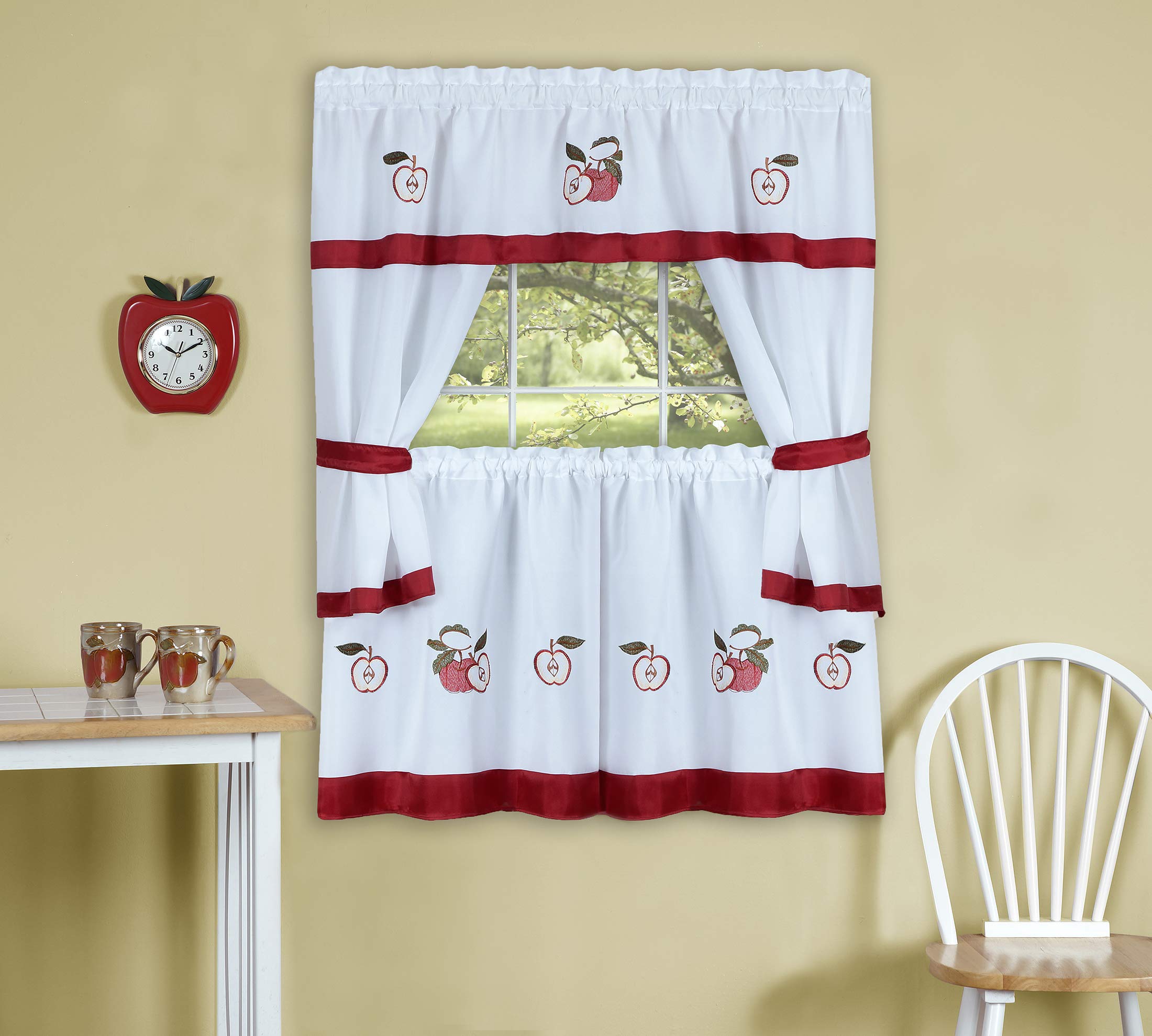 5-Piece Embellished Kitchen Curtain Set with Tier Panels, Swag Valance & Tiebacks - Country Cottage Style for Kitchen & Living Room - 59