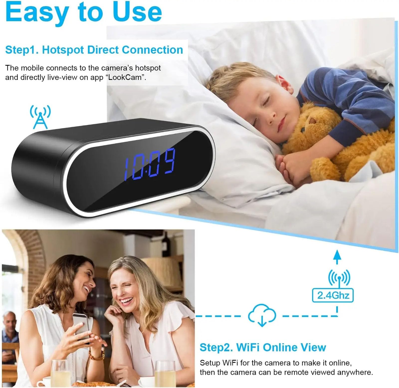 FKINGLRK Mini WiFi Camera - Wireless Hidden Spy Clock Camera with Remote Monitoring, AP/IP Access for Indoor Home Security & Nanny Cam | Perfect for Baby Monitoring, Pet Watching & Office Surveillance
