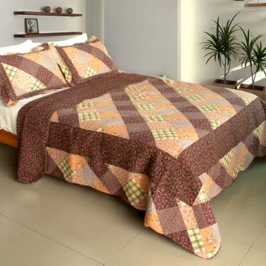 Artistic Chic 100% Cotton 3-Piece Vermicelli-Quilted Patchwork Bedding Set - Full & Queen Size Brown Comforter Set - Cozy Home Decor for Master Bedroom & Guest Room