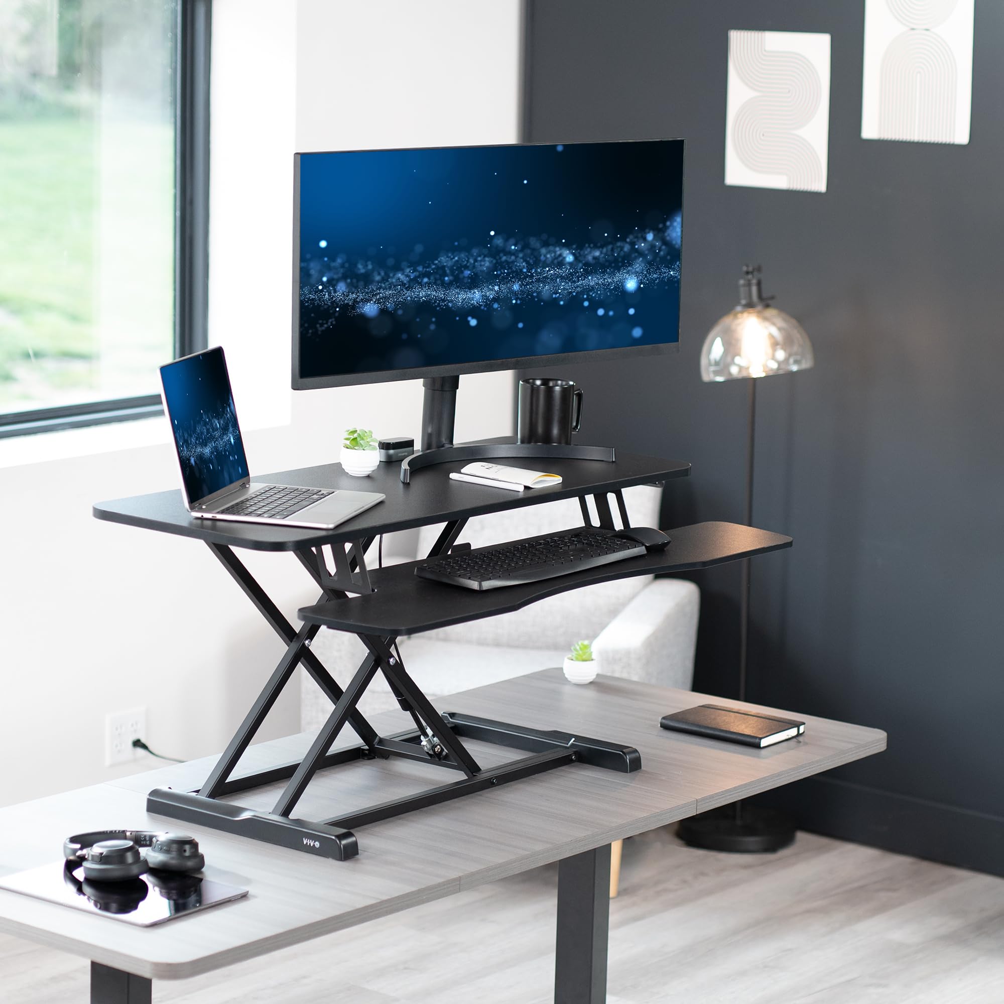 VIVO K Series 42 Inch Height Adjustable Sit Stand Desk Converter - Dual Monitor & Laptop Workstation with Wide Keyboard Tray (Black, DESK-V042KB) - Perfect for Home Office, Gaming Setup & Ergonomic Workspace