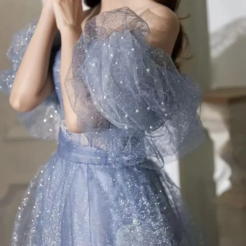Elegant Blue Off Shoulder Tulle Long Prom Dress - A-Line Formal Evening Party Gown for Women | Perfect for Homecoming, Prom Night & Special Occasions