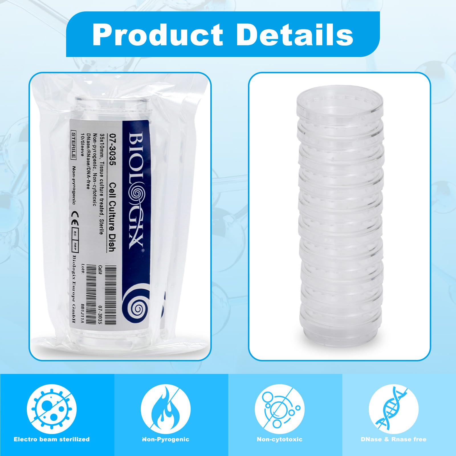 Sterile 35x10mm Cell Culture Dishes - TC Treated, 3ml Working Volume, Stackable for Tissue Culture (Pack of 10) - Ideal for Lab Research, Cell Growth & Microbiology Studies