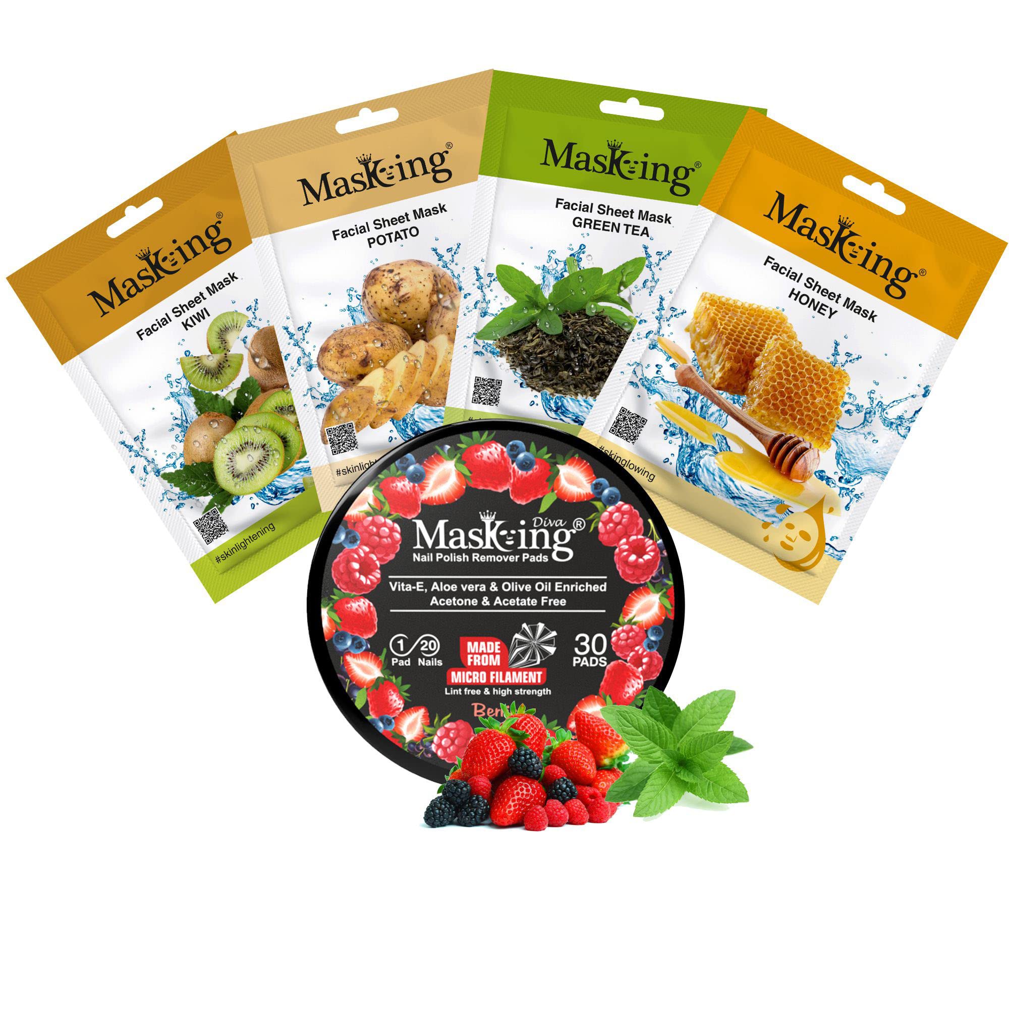 Premium MasKing Beauty Facial Sheet Mask Set - Kiwi, Potato, Green Tea & Honey Extract (4-Pack) | Diva Berries Nail Polish Remover Pads (30 Count) - Hydrating & Gentle for Women & Men - Perfect for Spa Nights & Travel Skincare Routine
