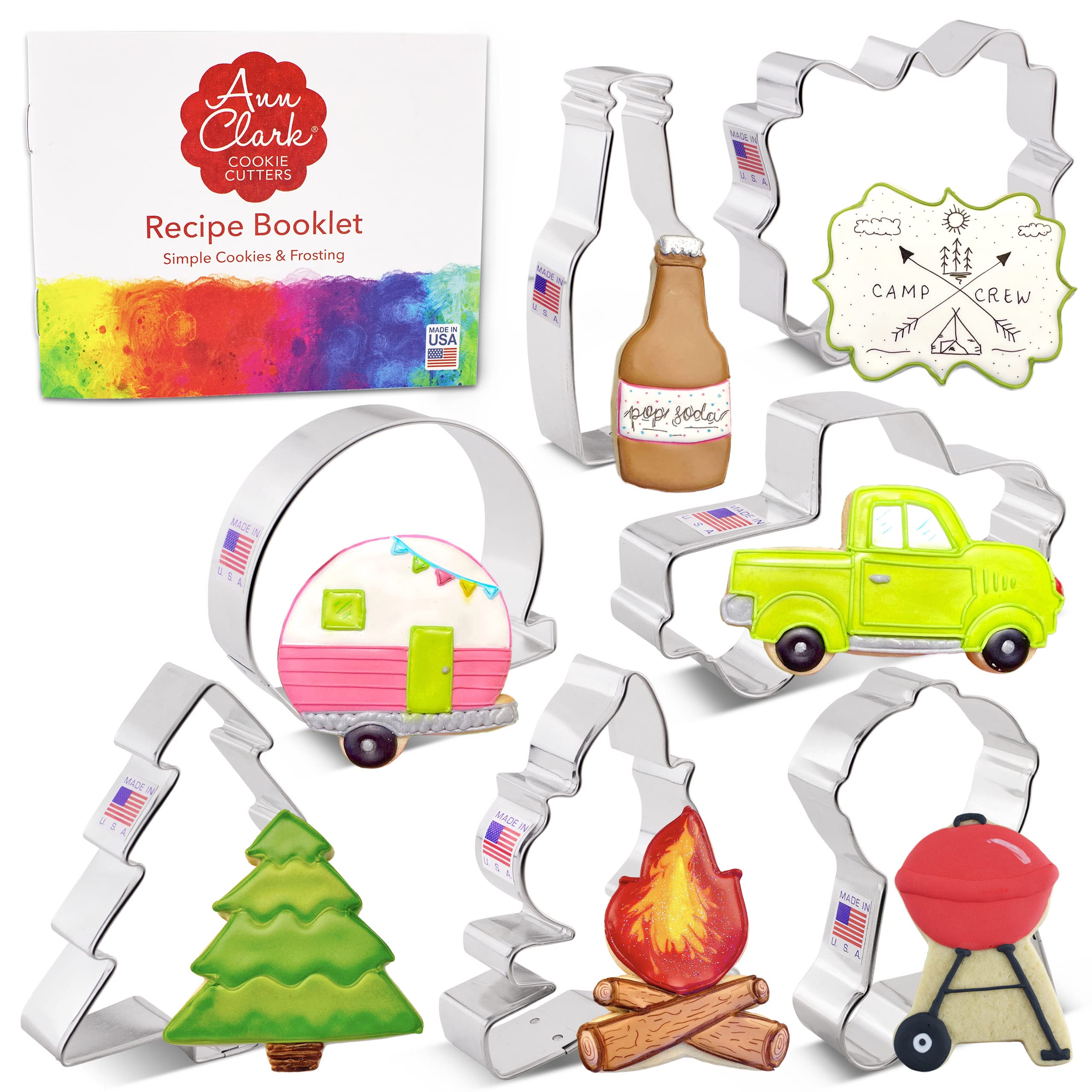 Ann Clark USA-Made Father's Day Camping Cookie Cutters Set - 7-Piece Camper, Campfire, Grill, Pine Tree & Beer Bottle Cutters - Perfect for Baking, Gifts & Outdoor-Themed Parties