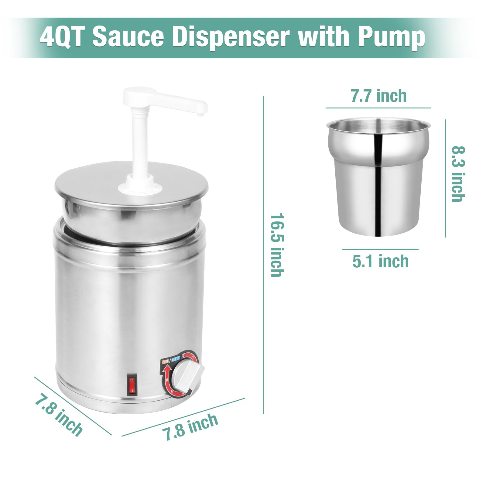 Commercial 4QT Electric Hot Fudge Dispenser with Temperature Control - Stainless Steel Nacho Cheese Warmer with Plastic Pump for Buffets, Bakeries & Kitchens - Perfect for Chocolate Fountain, Caramel Sauce & Dessert Toppings (110V/200W)