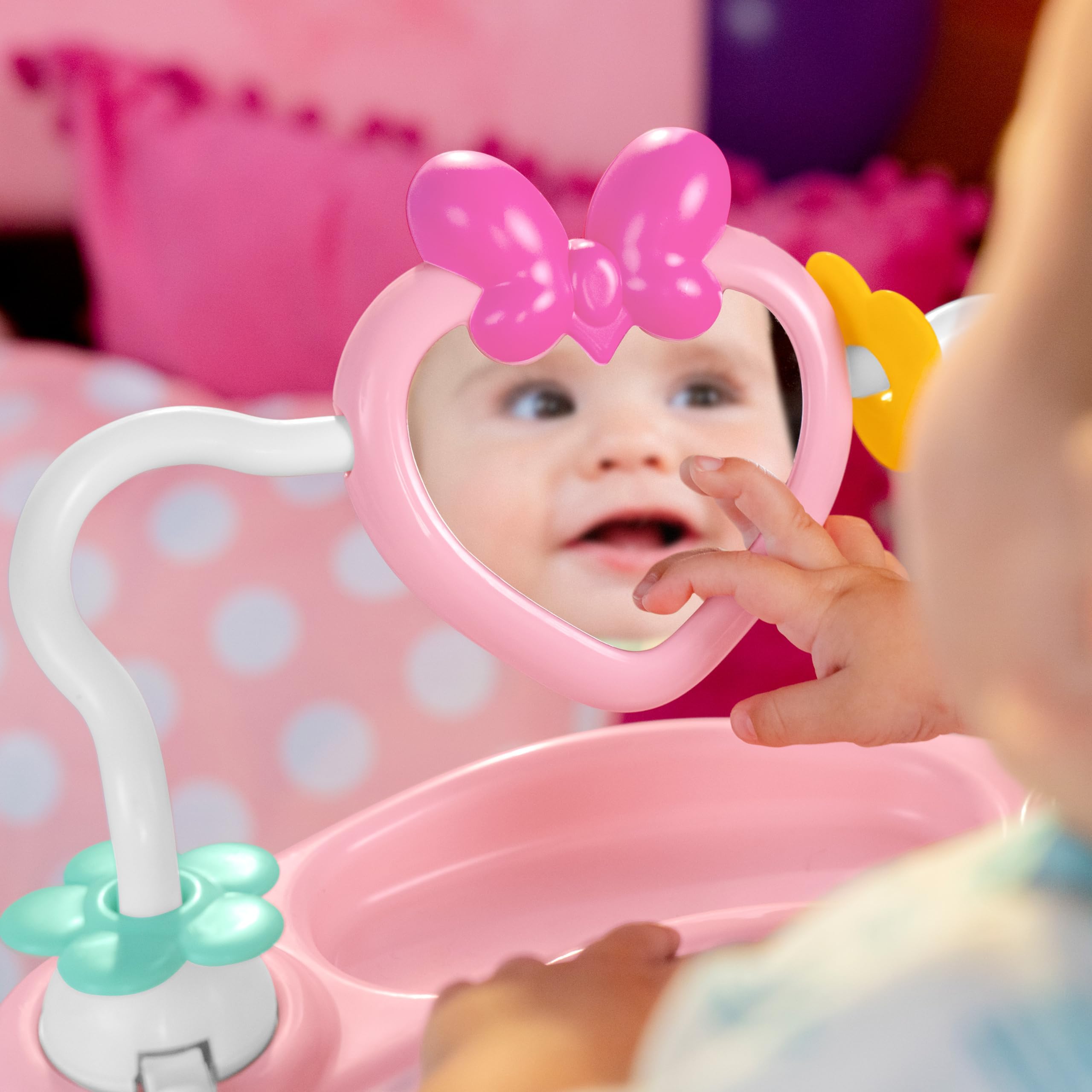 Bright Starts Disney Baby Minnie Mouse Forever Besties Baby Activity Jumper with 10 Interactive Toys, Lights & Sounds, 360-Degree Rotating Seat for Infants 6-12 Months (Pink) - Perfect for Playtime, Learning & Motor Skill Development