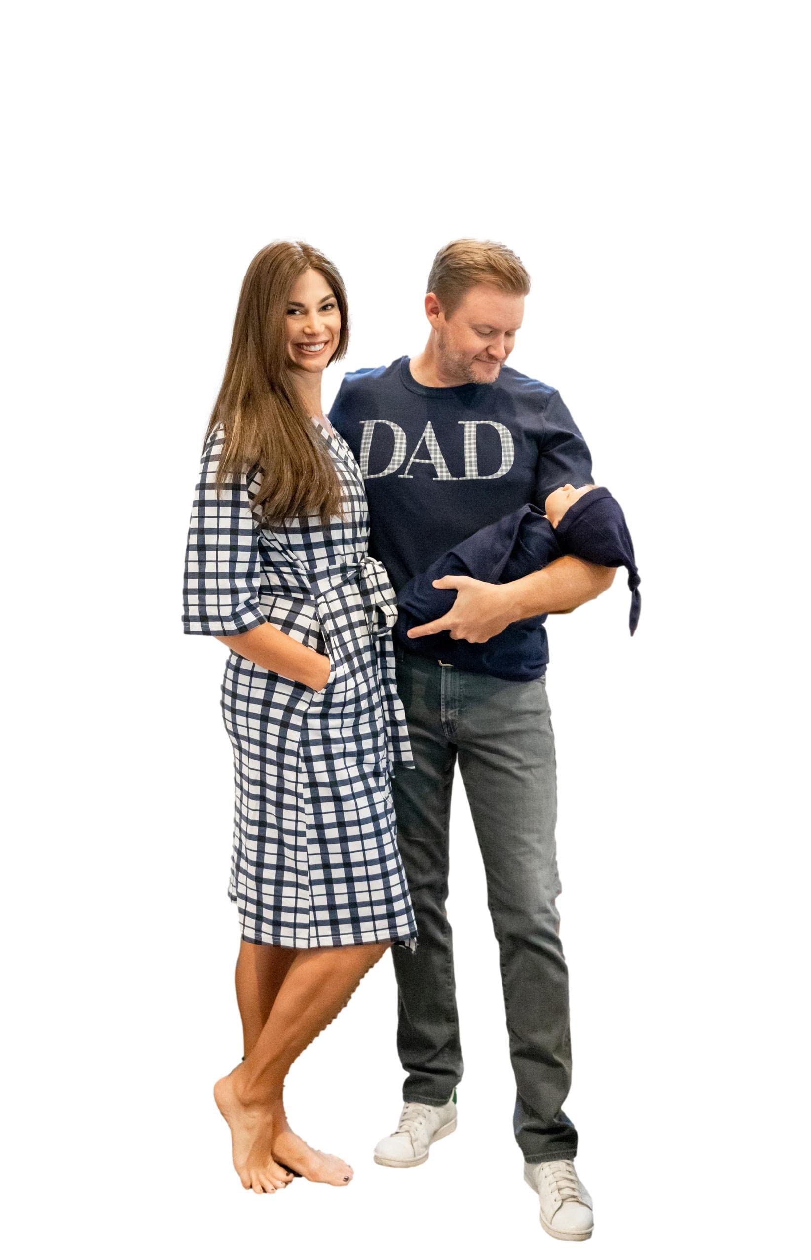 Baby Be Mine Maternity Nursing Robe & Swaddle Blanket Set with Daddy T-Shirt - Blue Gingham (2XL/3XL Robe, Large T-Shirt) | Comfortable Hospital Delivery & Newborn Photo Shoot Outfit