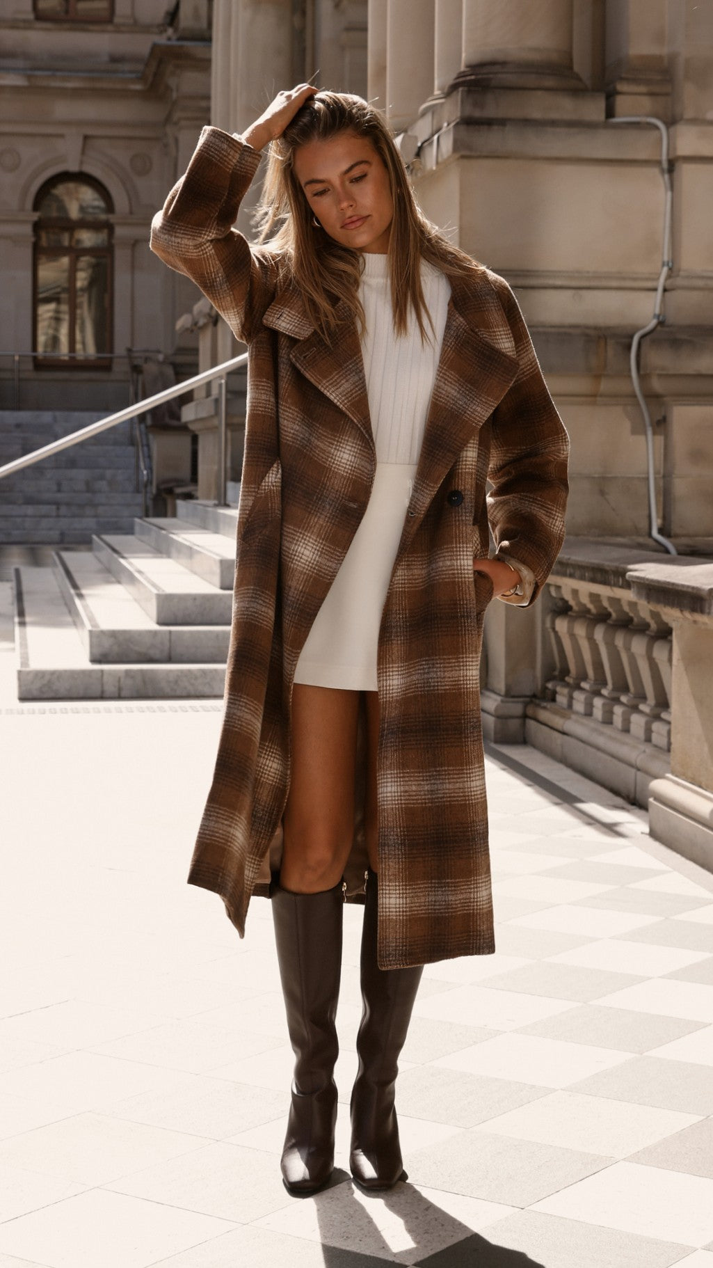 Haruna Coat - Brown & Beige Plaid Print Wool Blend Trench Coat for Women | Fall Winter Fashion Outerwear | Office, Dating & Travel Essentials