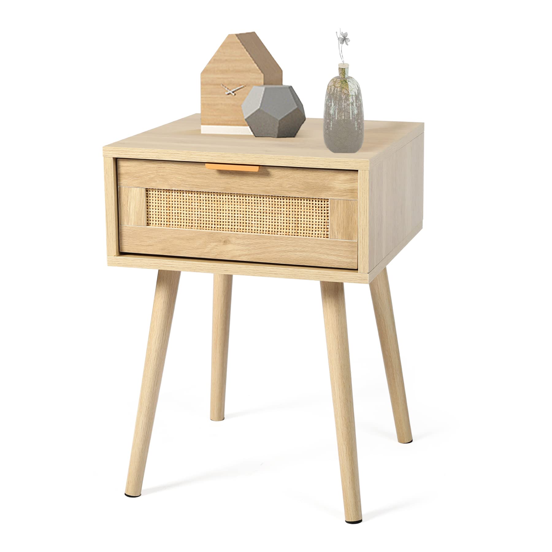 Mid Century Modern Nightstand End Table with 2 Rattan Drawers - Wooden Side Table with Storage for Bedroom, Living Room - Natural Oak Finish - Perfect for Bedside Organization & Living Room Decor (Single Drawer Set)