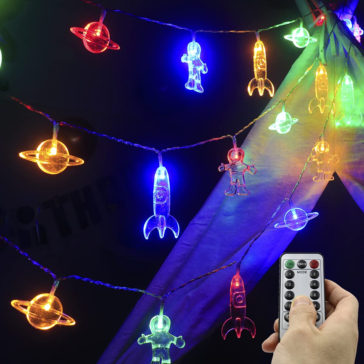 20 LED 11 FT Battery Operated Space String Lights with Remote - 8 Modes Multicolor Rocket Spaceship Astronaut Pendants for Kids Room Decor, Holiday Party & Bedroom Night Light (Perfect for Birthday, Christmas, Nursery, and Sleep Aid)