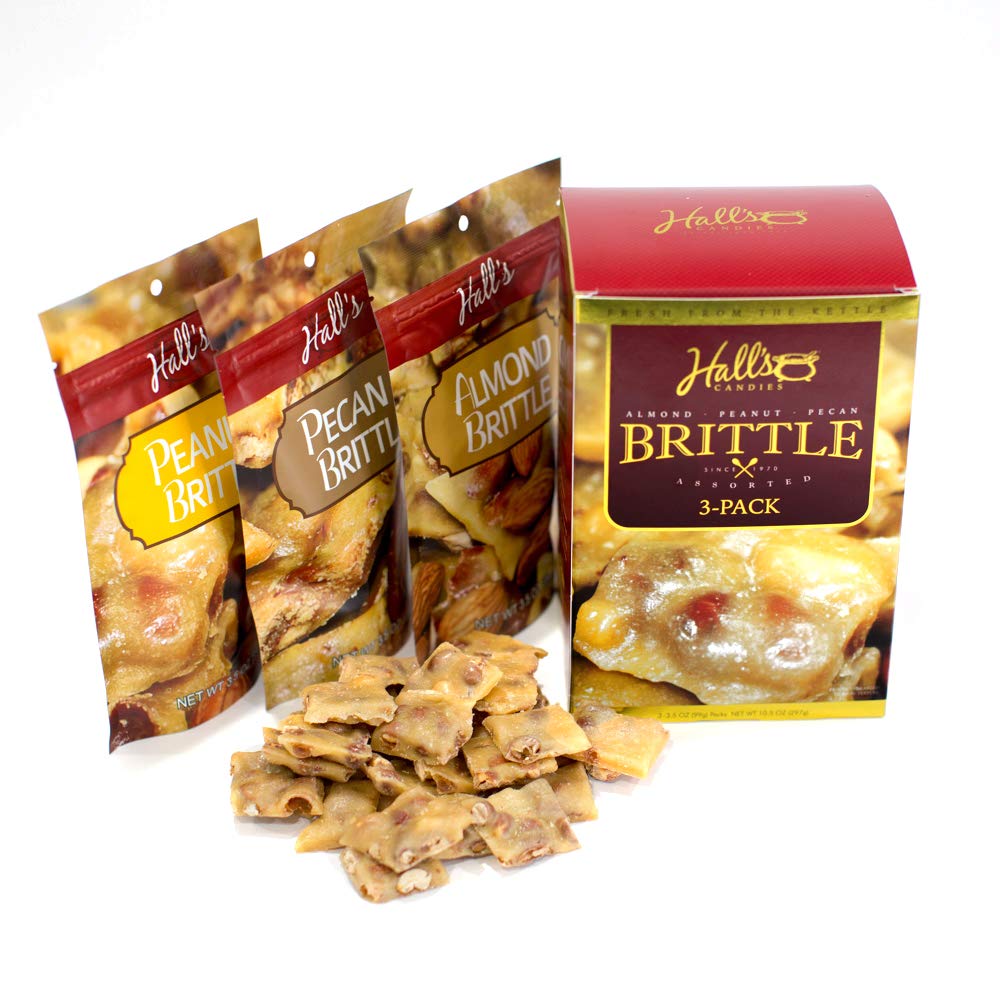 Hall's Assorted Brittle Variety Pack - 3.5 Oz Bags (Pack of 3) | Peanut Brittle, Almond Brittle & Pecan Brittle | Perfect for Gifts, Parties & Snacking