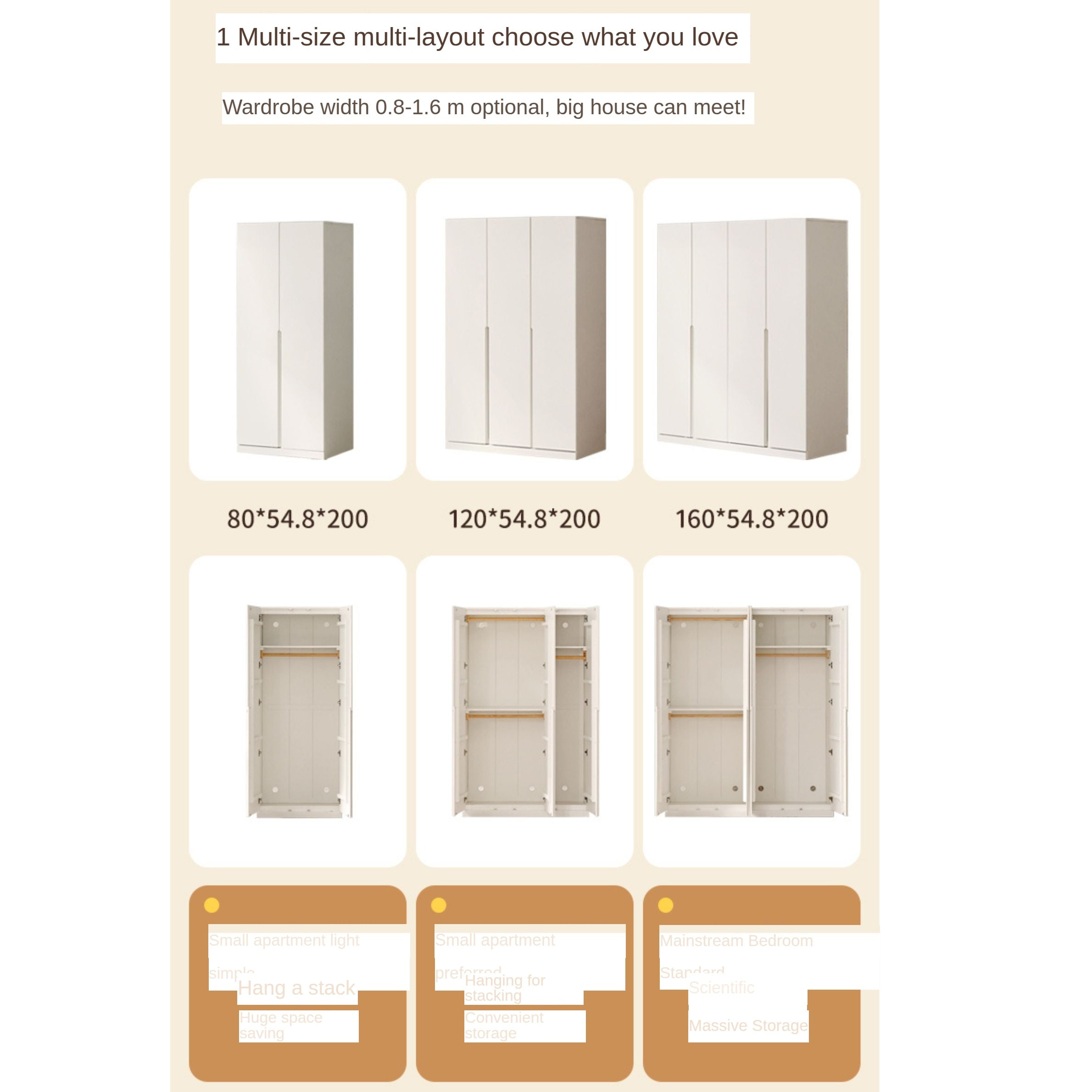 Modern Nordic Style Solid Wood Wardrobe - Beech & Rubber Wood, Cream Finish - Perfect for Bedroom, Living Room, and Office Storage